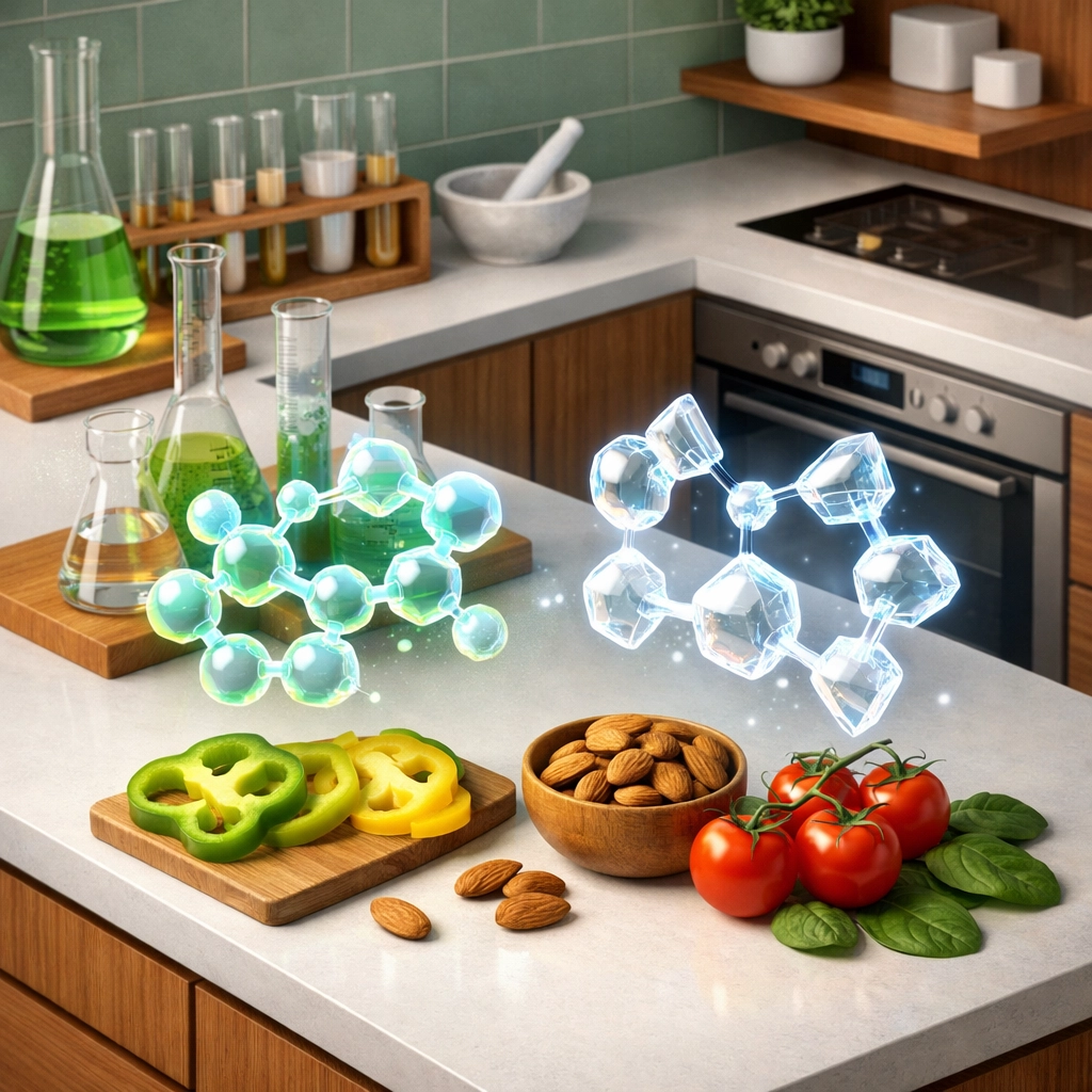 Illustration of lectin and oxalate molecules near almonds and tomatoes in a modern kitchen setting.