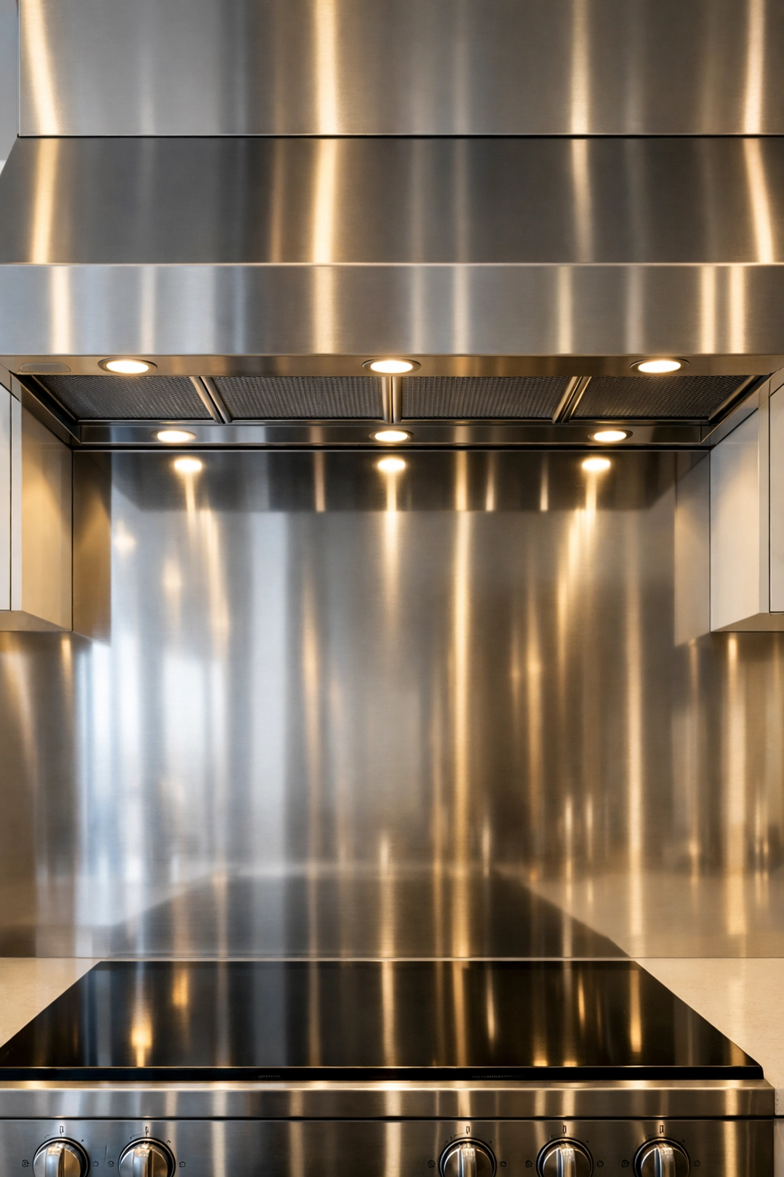 Degreased stainless steel range hood and backsplash in a clean Chicago rental apartment kitchen.