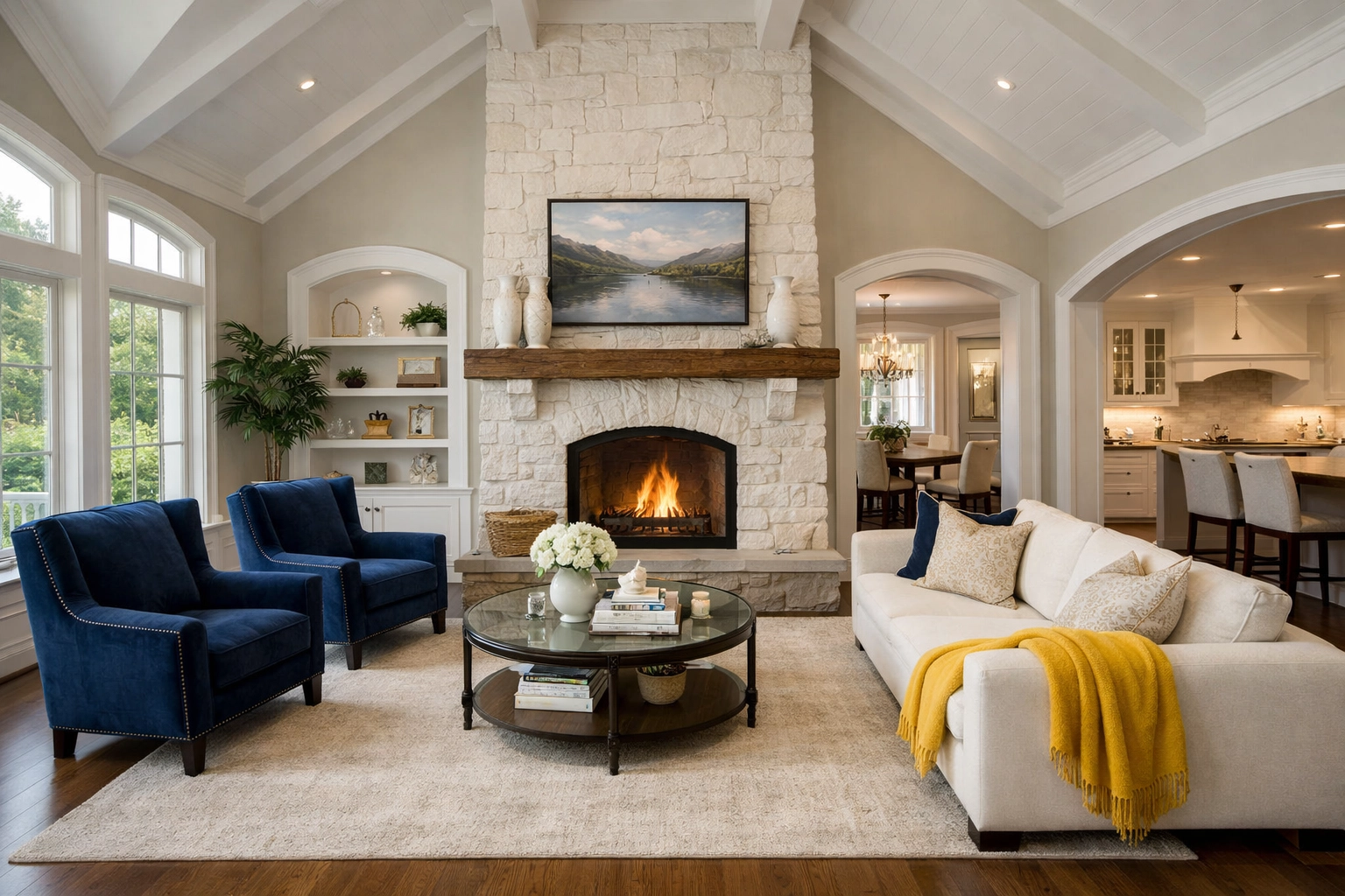 A pristine living room in a Massachusetts estate featuring a stone fireplace and luxury cleaning standards.