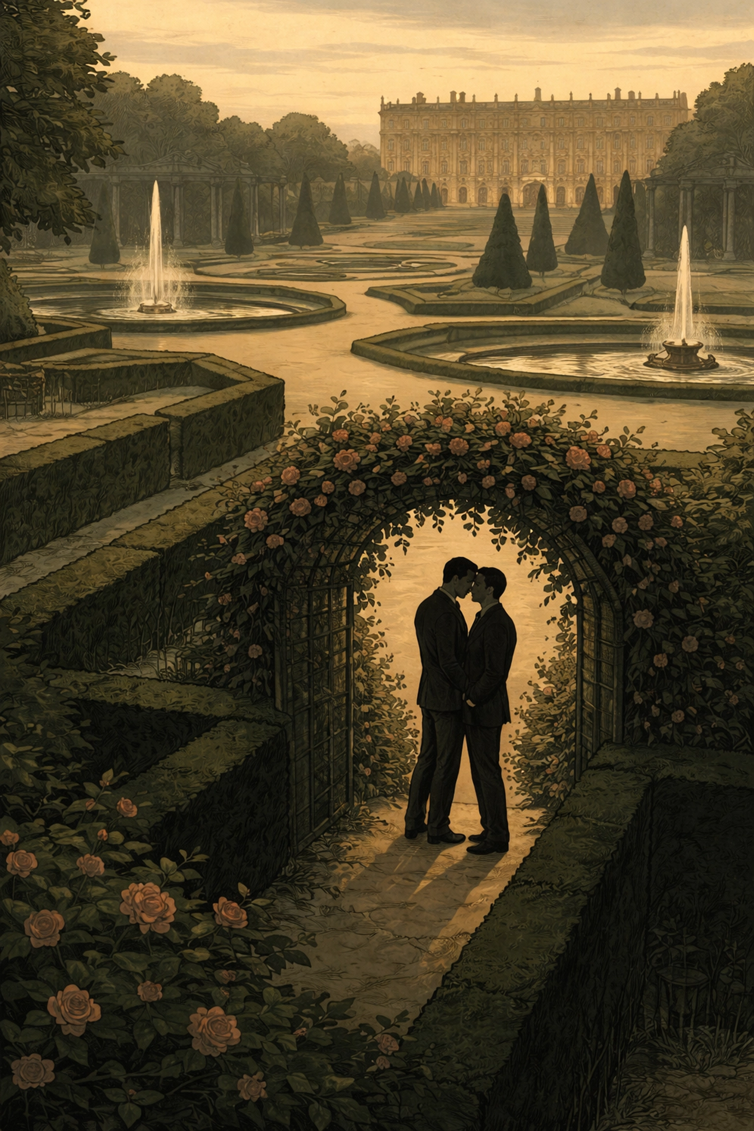 Romantic illustration of two men standing closely in Versailles gardens at dusk, capturing forbidden MM love in historical romance context.