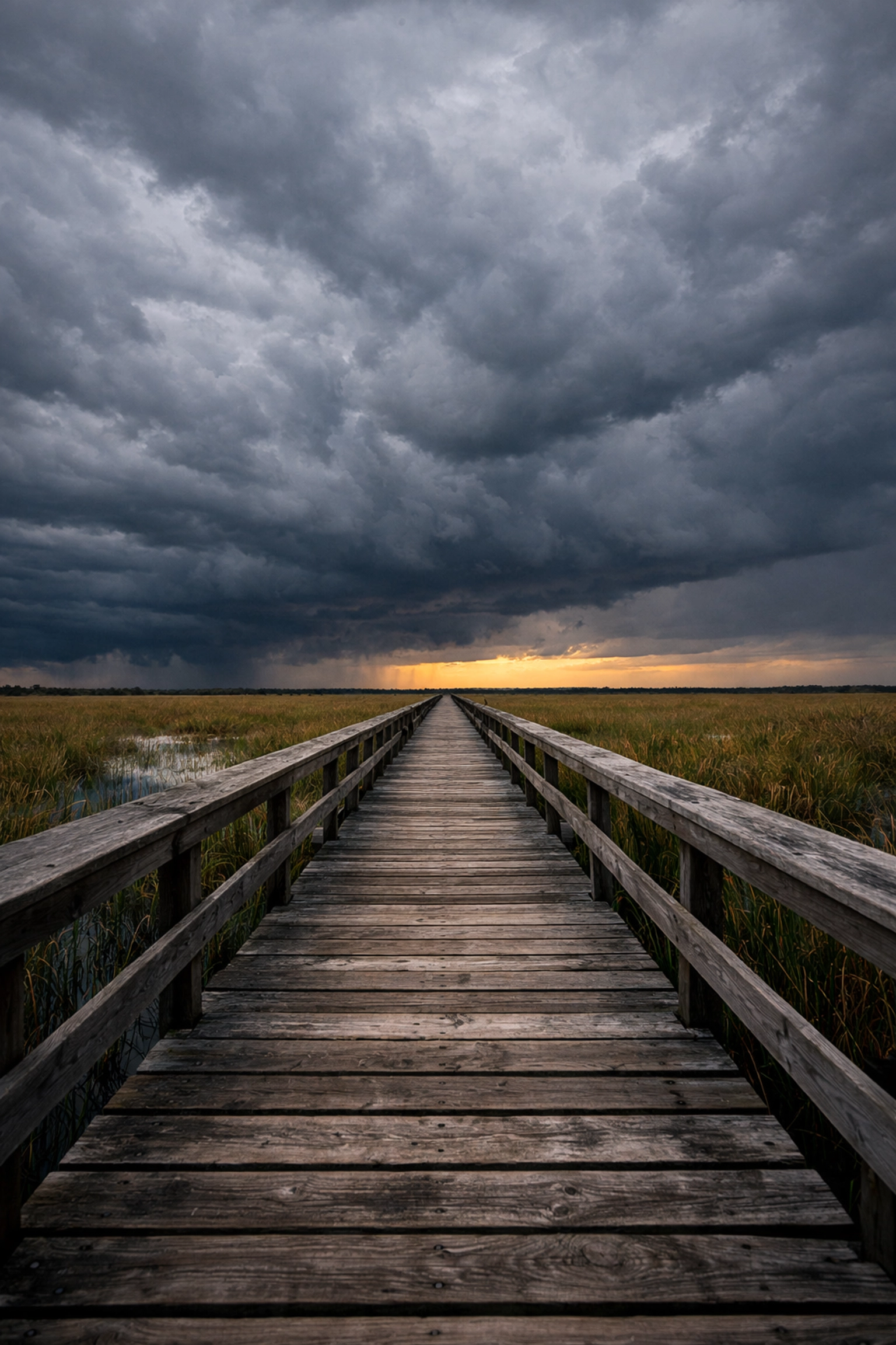 Fine art photography of the Everglades with leading lines toward a storm, available as archival prints.