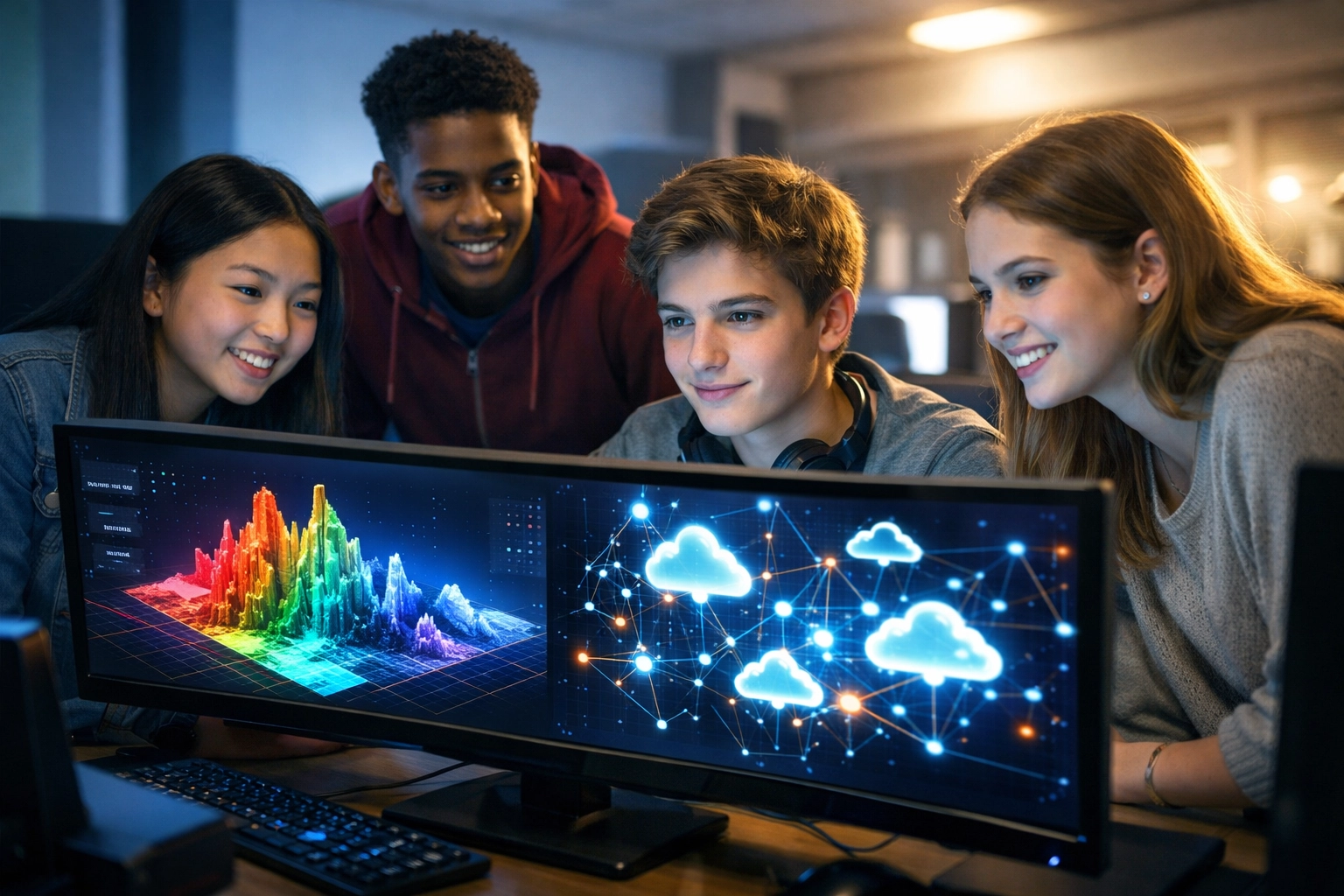 High school students analyzing data and cloud architecture on a monitor in a tech-focused classroom.