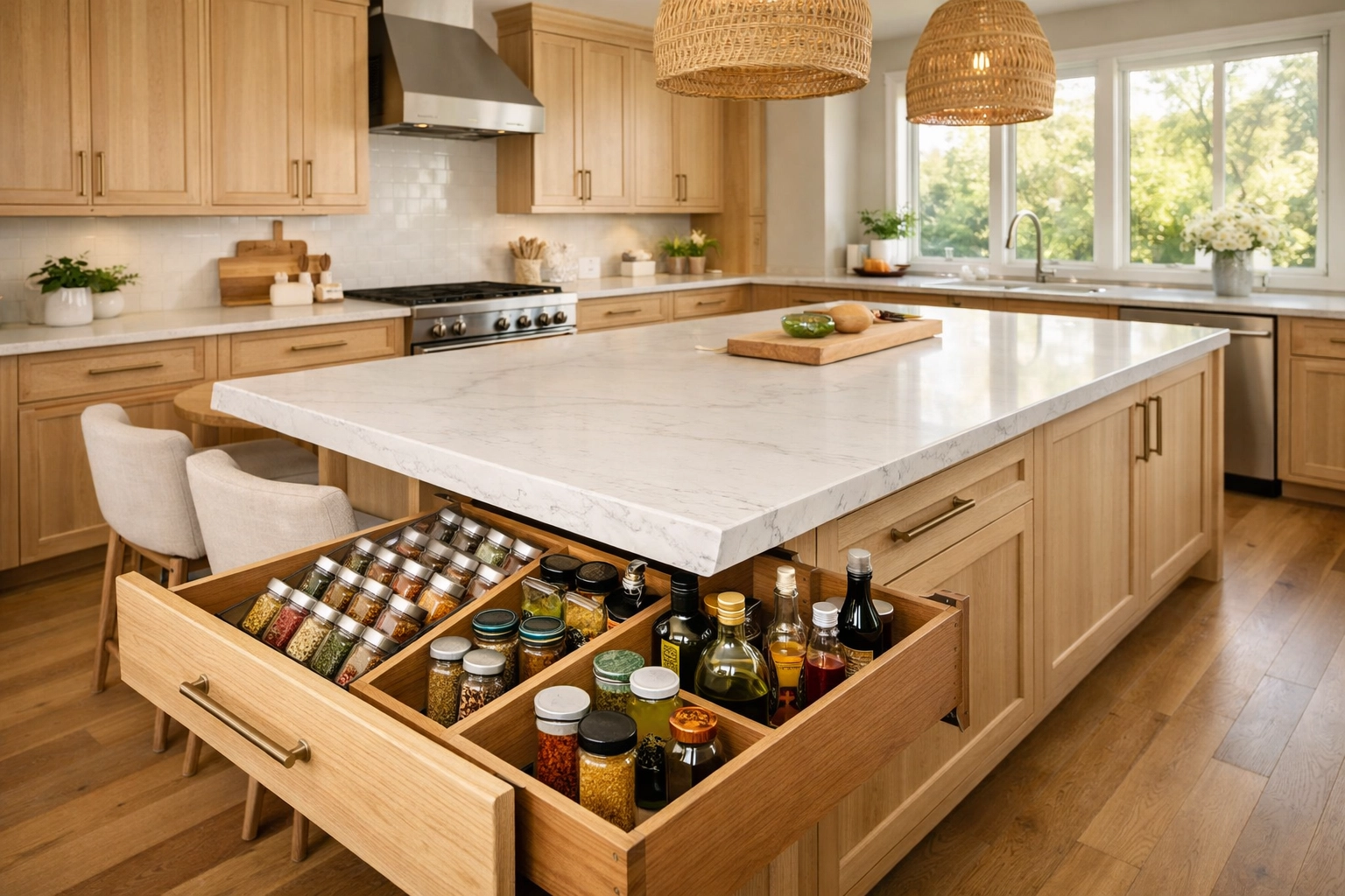 Custom kitchen cabinets with a built-in wooden spice organizer in a bright Minnesota home.