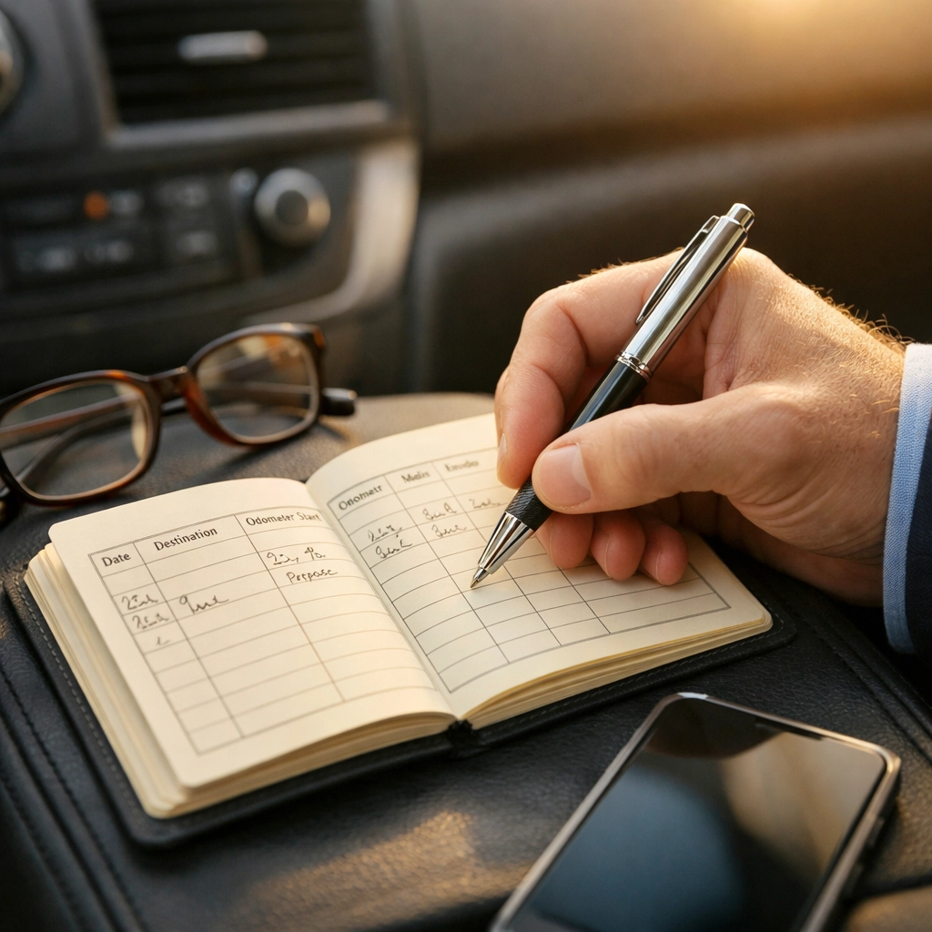 Business owner recording mileage in logbook inside car for IRS-compliant tax records