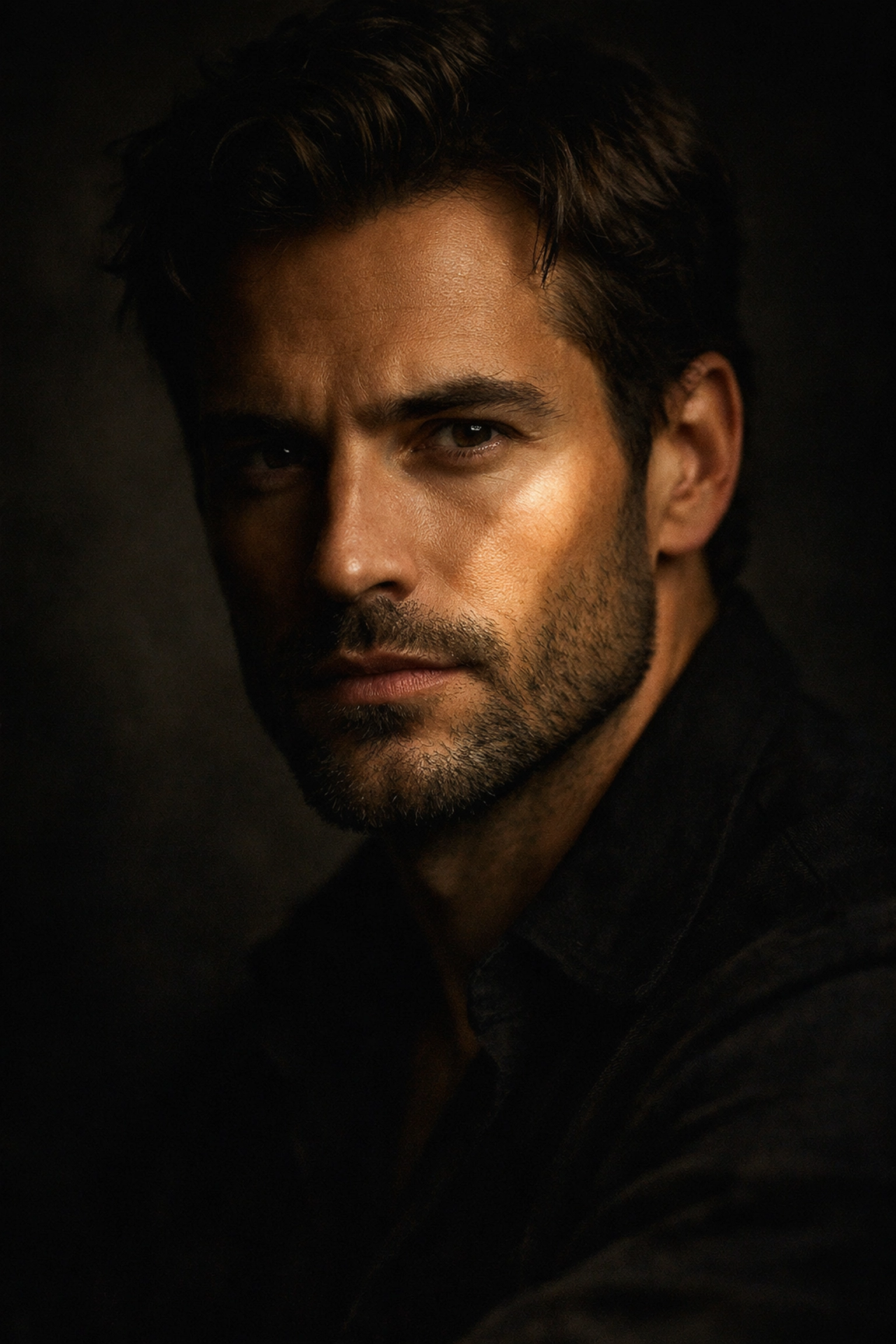 Close-up male portrait using Rembrandt lighting to define facial structure in artistic gay photography.