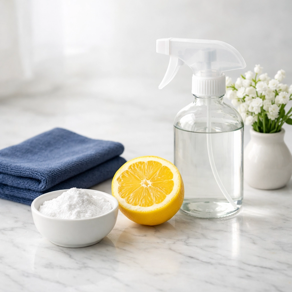 Natural supplies for eco-friendly house cleaning MA including lemons and baking soda on a white marble counter.
