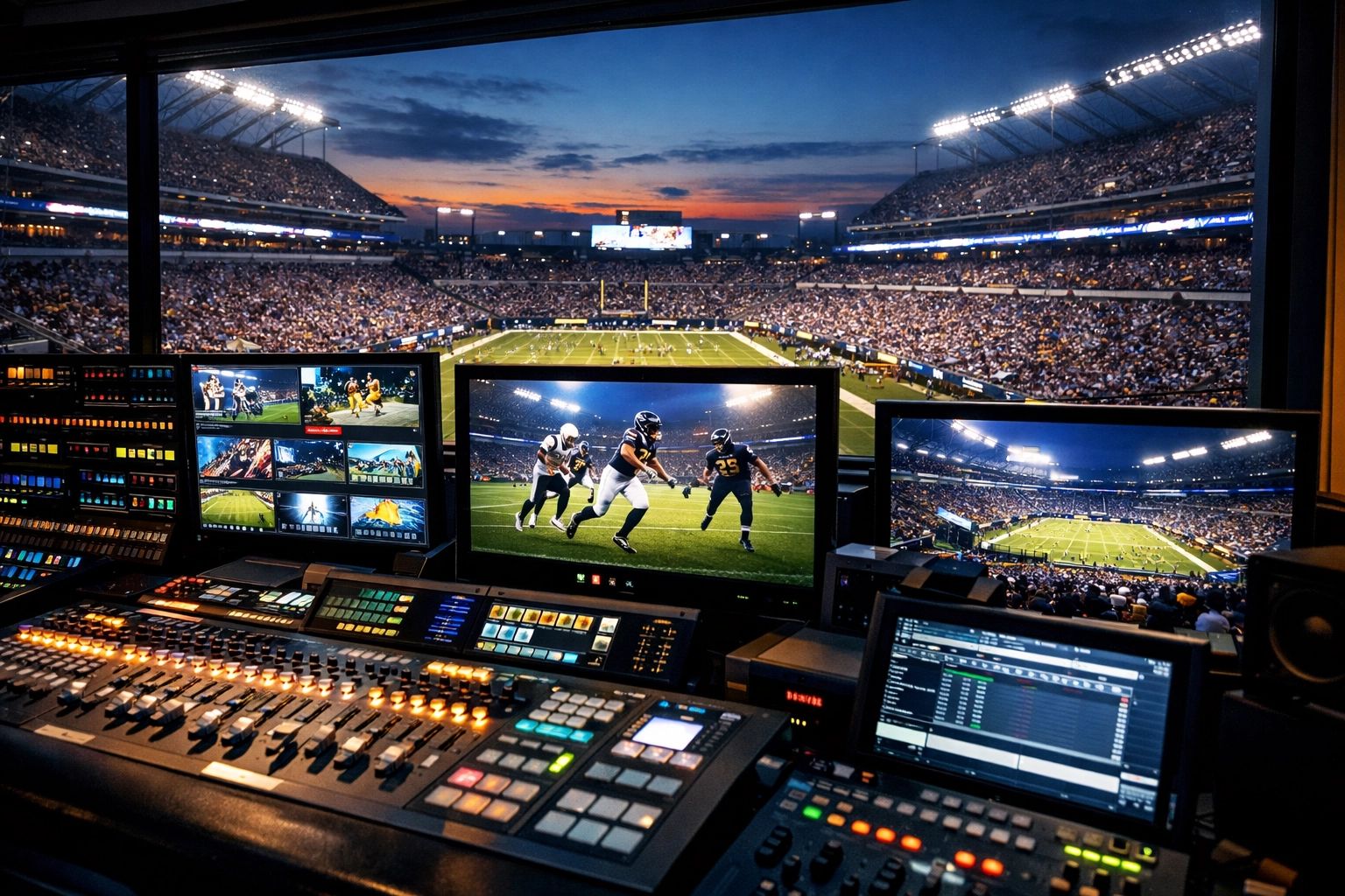 Professional sports media control room overlooking a stadium for Super Bowl 2026 precision marketing.