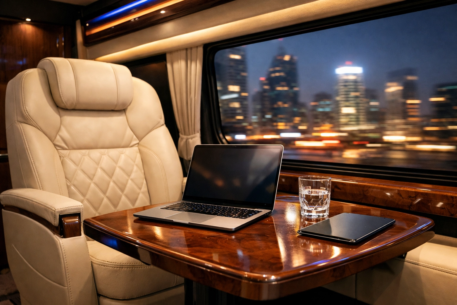 Interior of a luxury executive van configured as a mobile boardroom for high-stakes business travel.