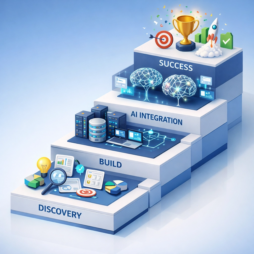 Four-phase ServiceNow implementation framework from discovery to AI optimization showing progressive growth