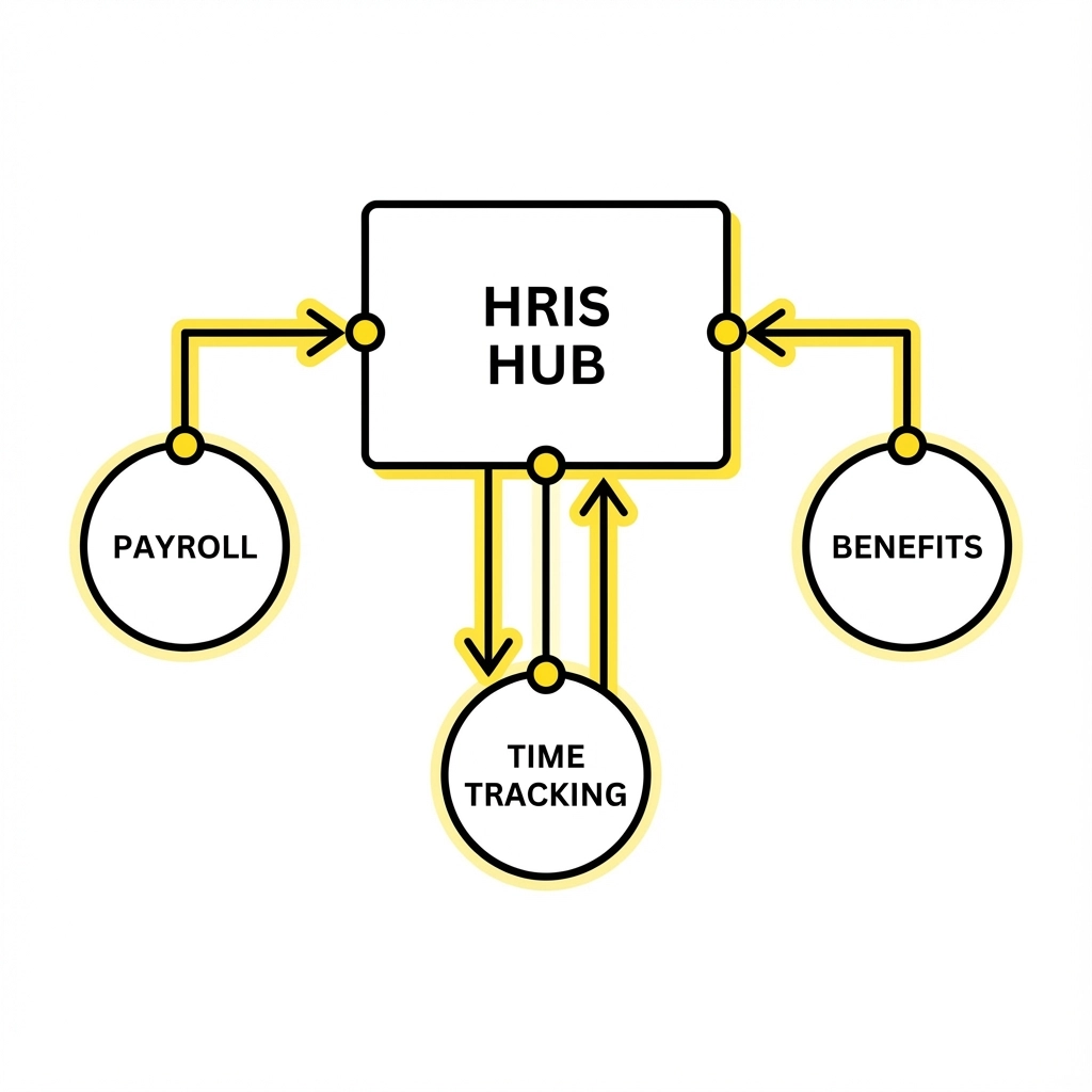 Flowchart showing an "HRIS Hub" rectangle connected to "Payroll," "Benefits," and "Time Tracking" circles with yellow and black arrows.