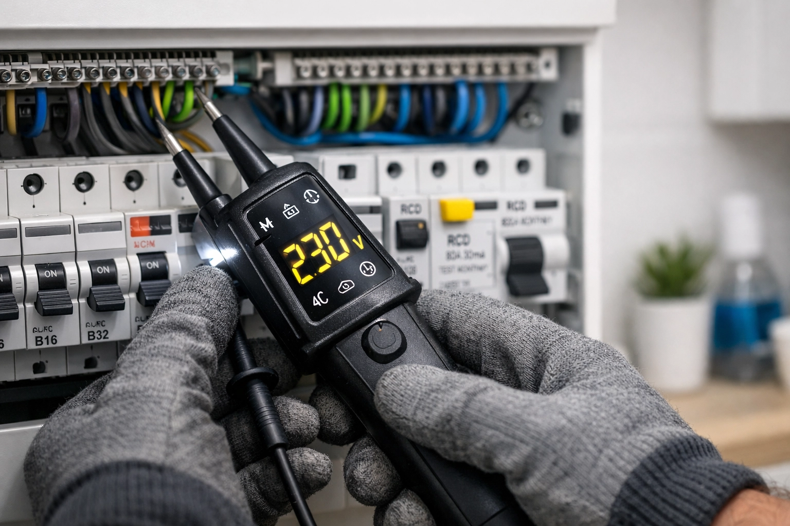Electrician testing a modern UK consumer unit to ensure RCD protection and electrical safety in Bournemouth.