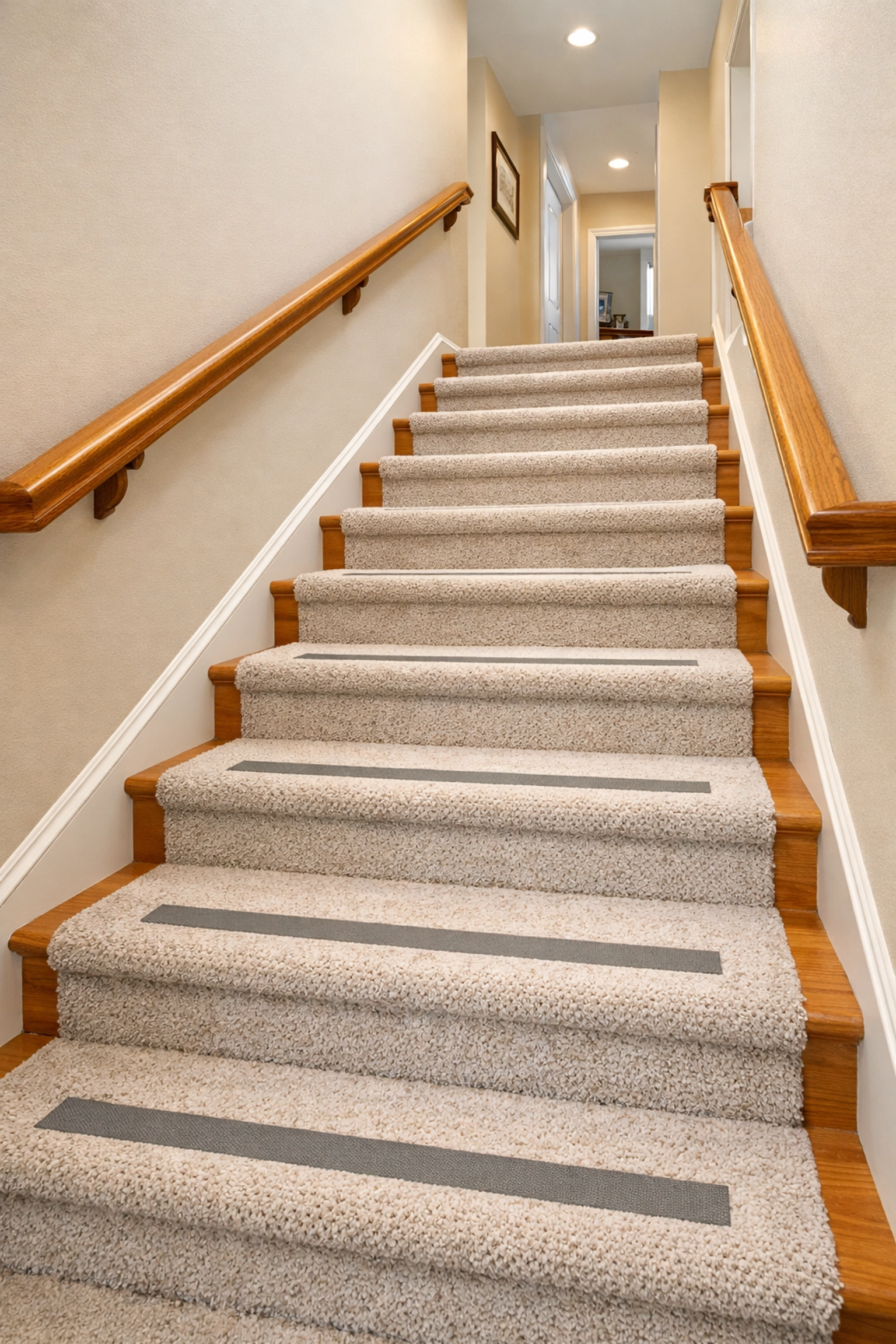 Well-maintained carpeted staircase with secure handrails and non-slip treads
