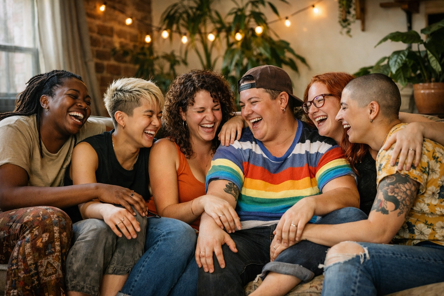 Diverse LGBTQ+ found family laughing together - queer community and chosen family in Honey Girl