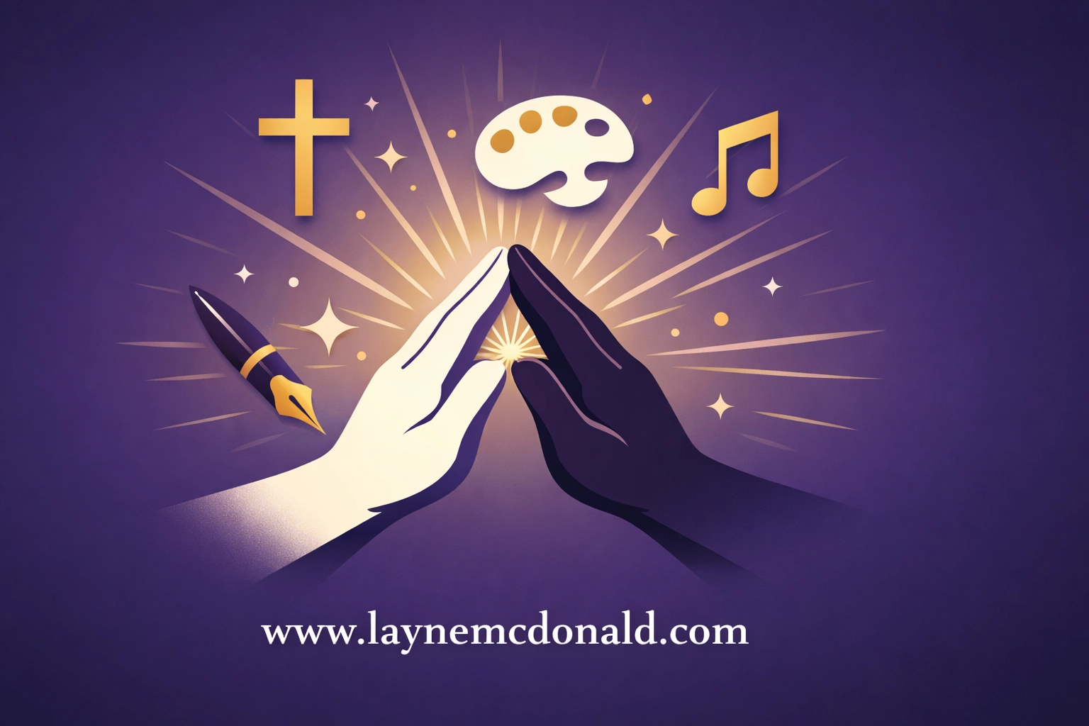 Hands collaborating with spiritual and creative symbols for faith-based content