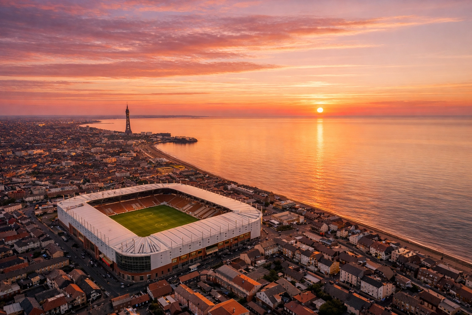 Serene drone view of the Blackpool coast near Bloomfield Road stadium for seaside ashes scattering.