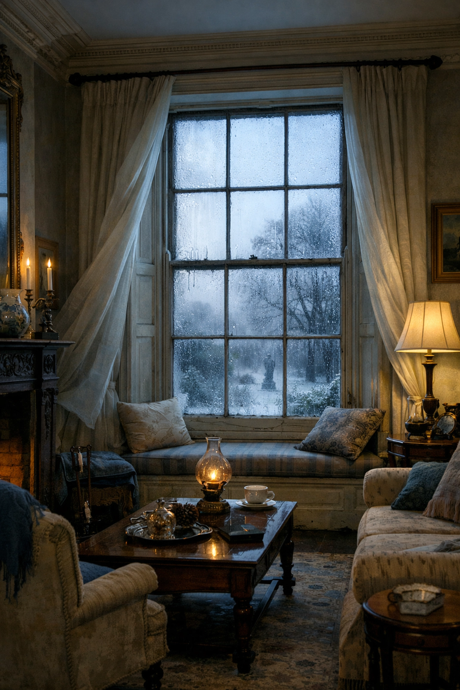 A draughty original timber sash window in a Georgian listed building with condensation.