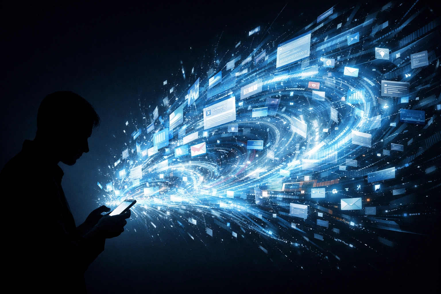 A person overwhelmed by a chaotic swirling vortex of digital information and social media news data.