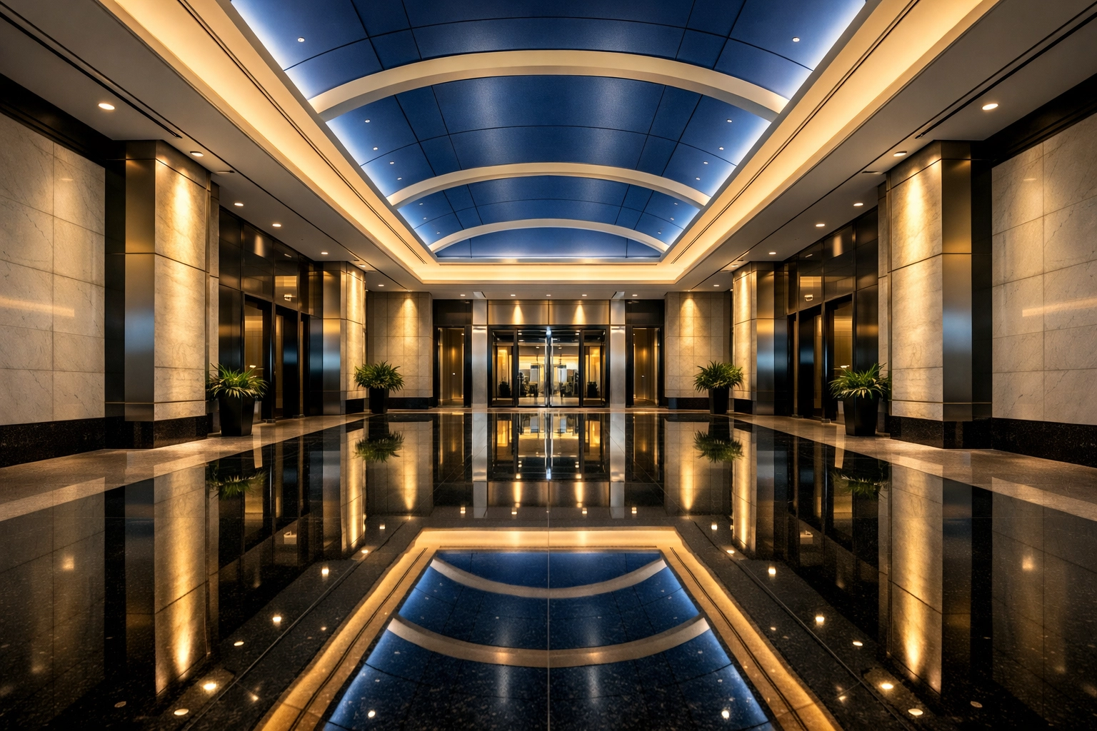 Polished corporate entrance floor reflecting the high standards of janitorial services Massachusetts.