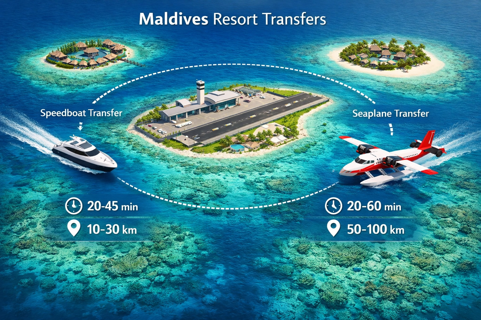 Visual guide to Maldives luxury resort transfers via speedboat and seaplane across turquoise atolls.
