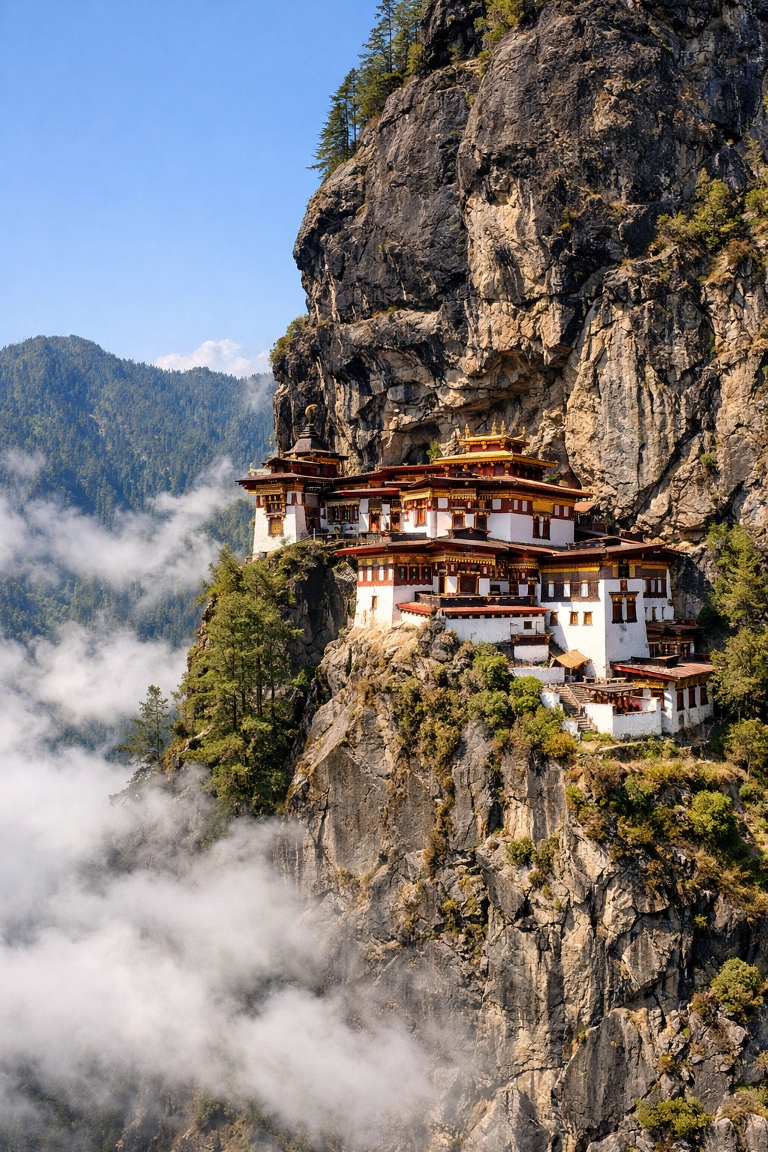 Iconic Tiger’s Nest Monastery clinging to a steep cliffside above the clouds in Paro, Bhutan.
