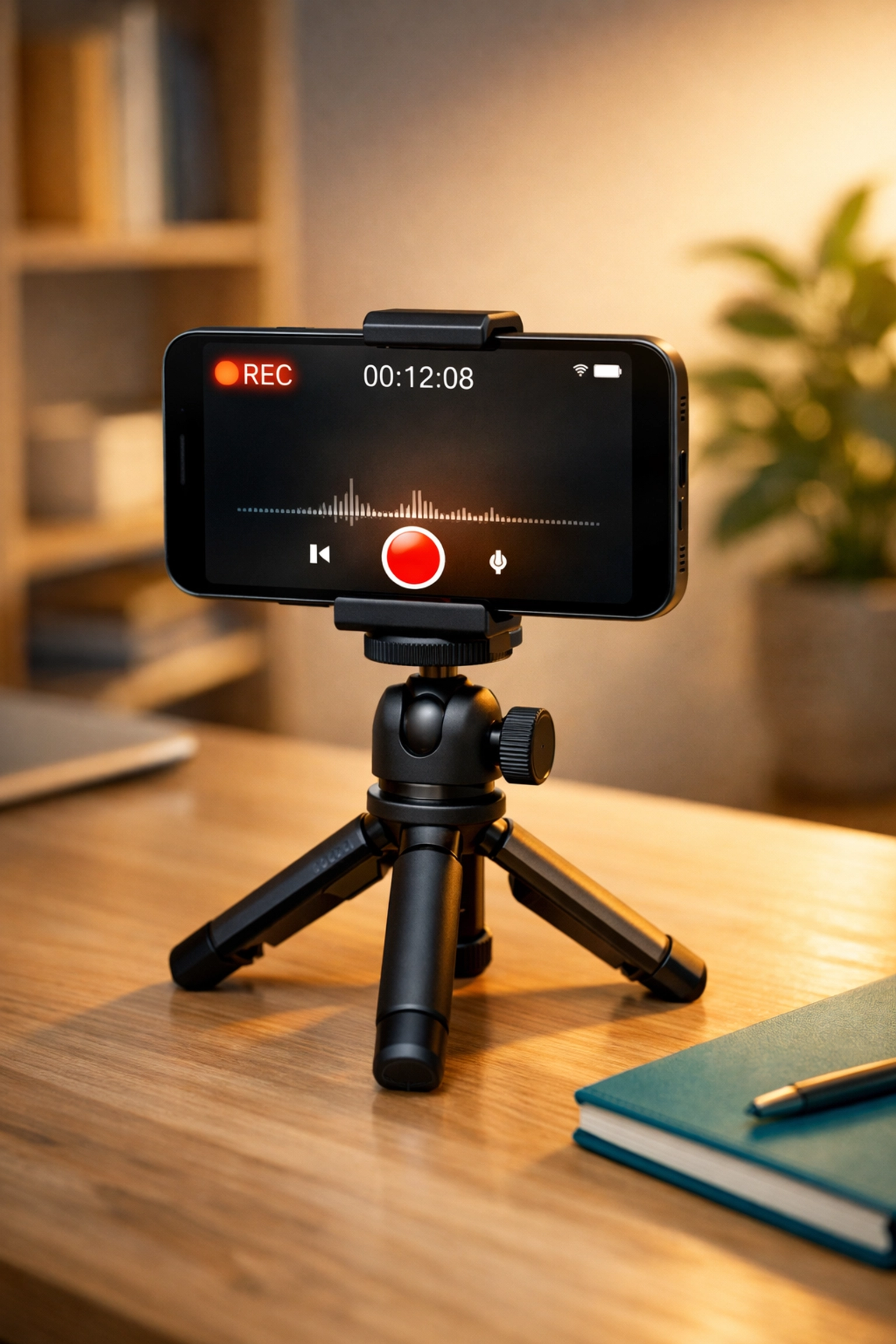 Smartphone on tripod recording video content in minimalist home office for content creation