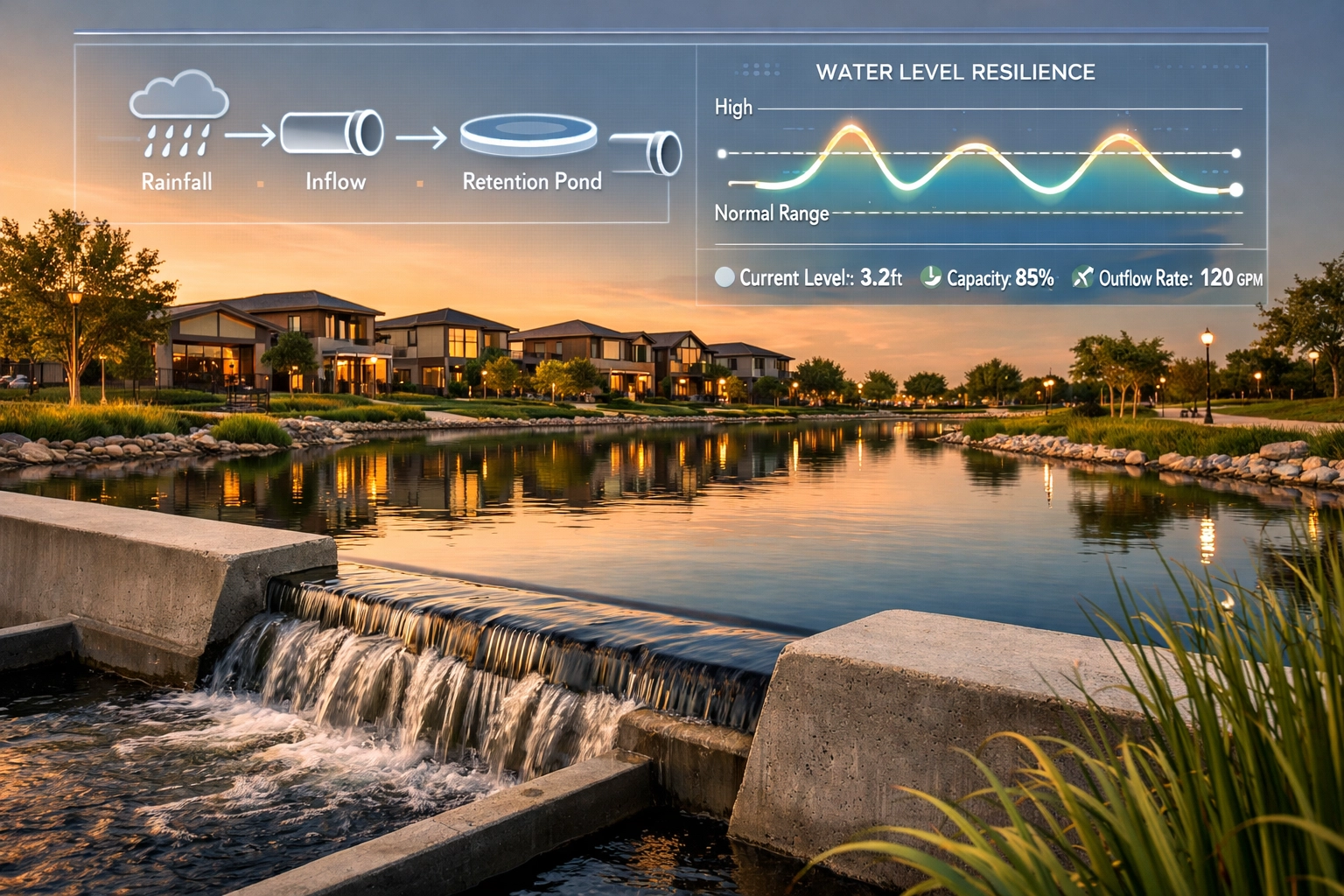 Modern stormwater management pond in an Ontario park featuring technical hydrologic modeling data.