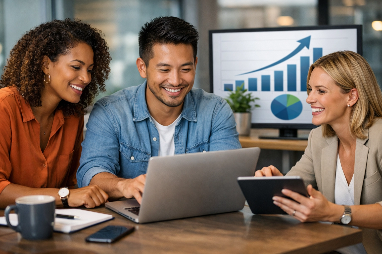 Entrepreneurs and a client interacting, showcasing the successful customer-centric outcomes of modern SEO strategy.