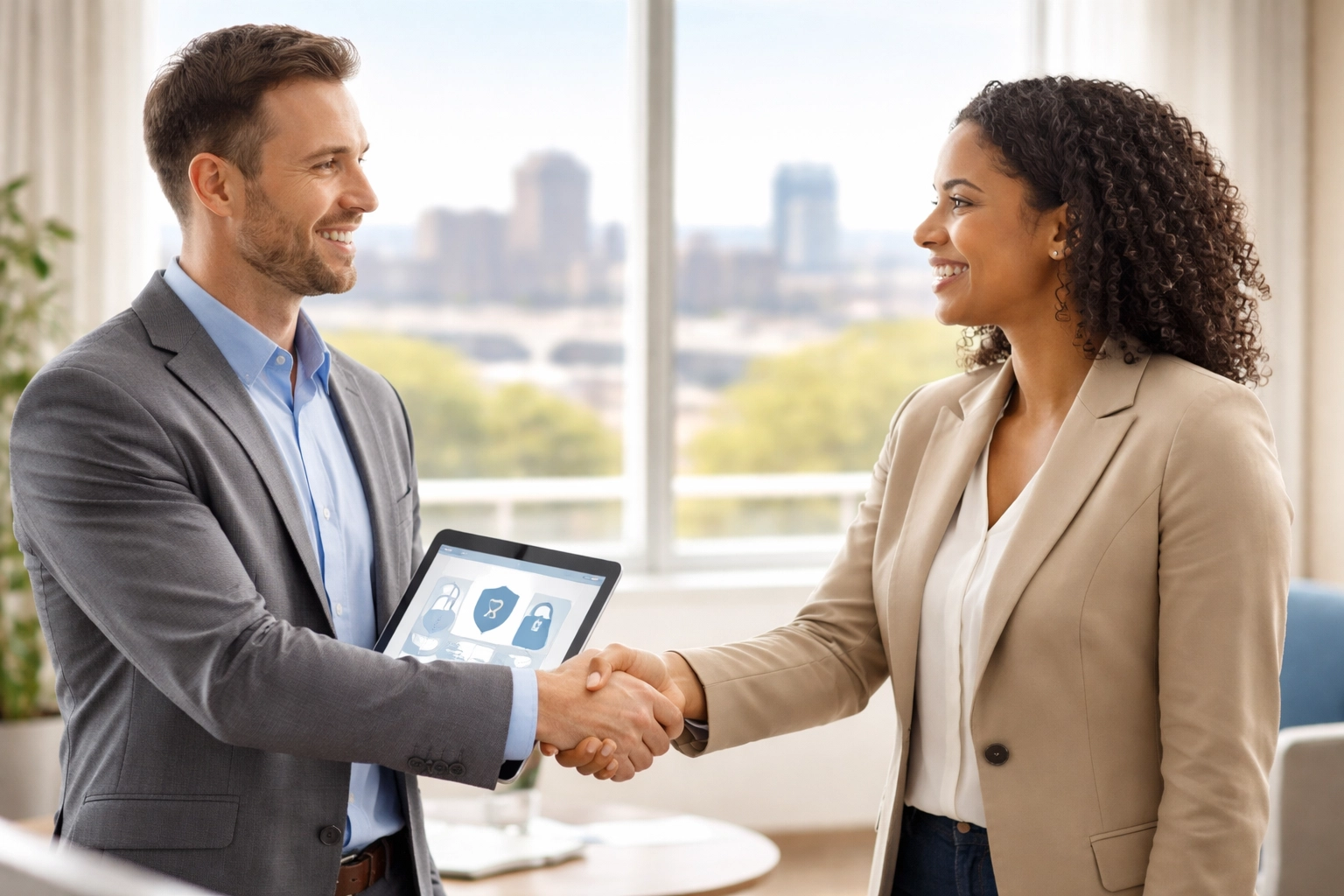 Business handshake in a bright Iowa office, representing local IT partnership for accounting professionals