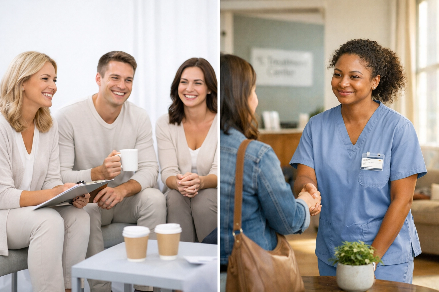 Comparison of staged stock photography vs authentic storytelling for treatment centers to establish trust.