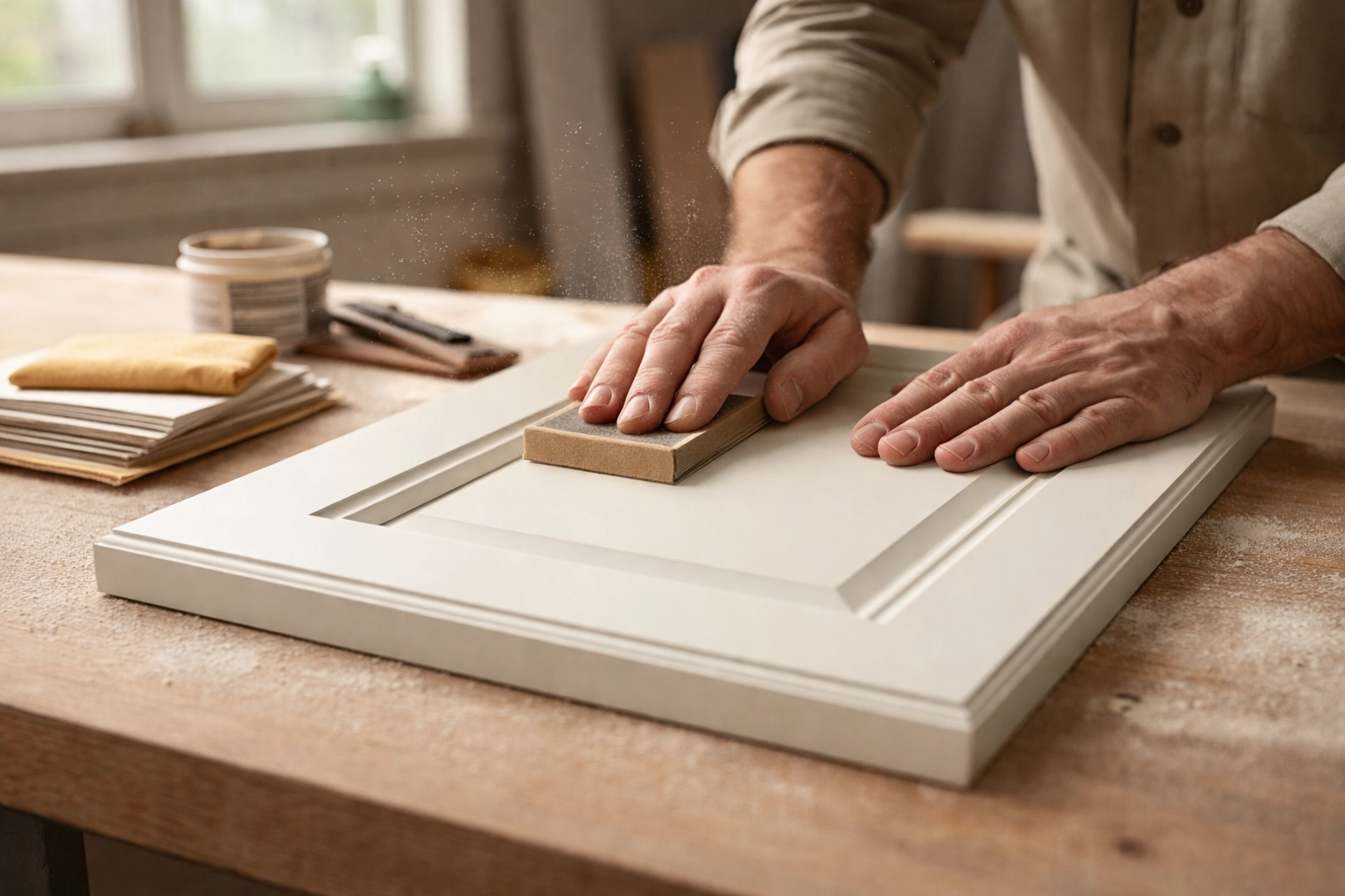 Close-up of hands carefully sanding a kitchen cabinet door, showing meticulous spray painting preparation