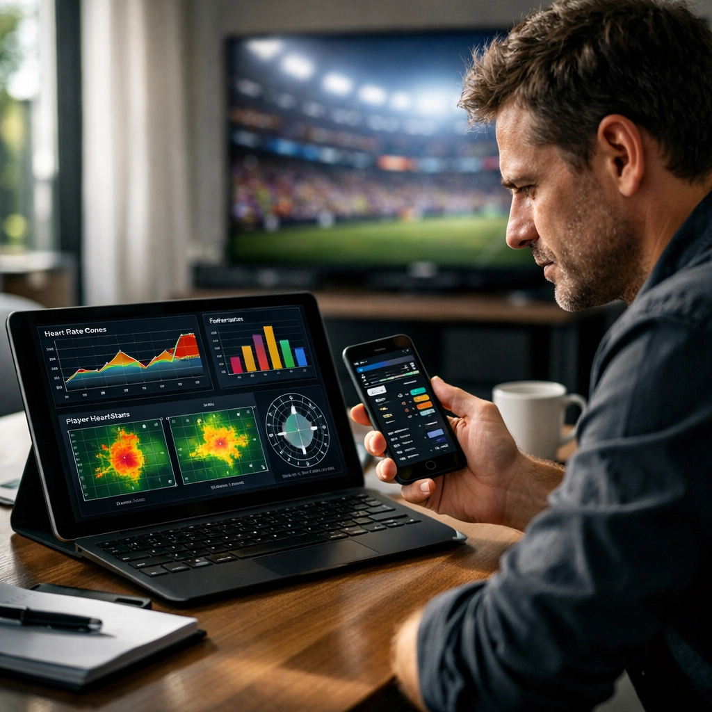 Sports media professional analyzing player performance charts and data on a tablet for fantasy football strategy.