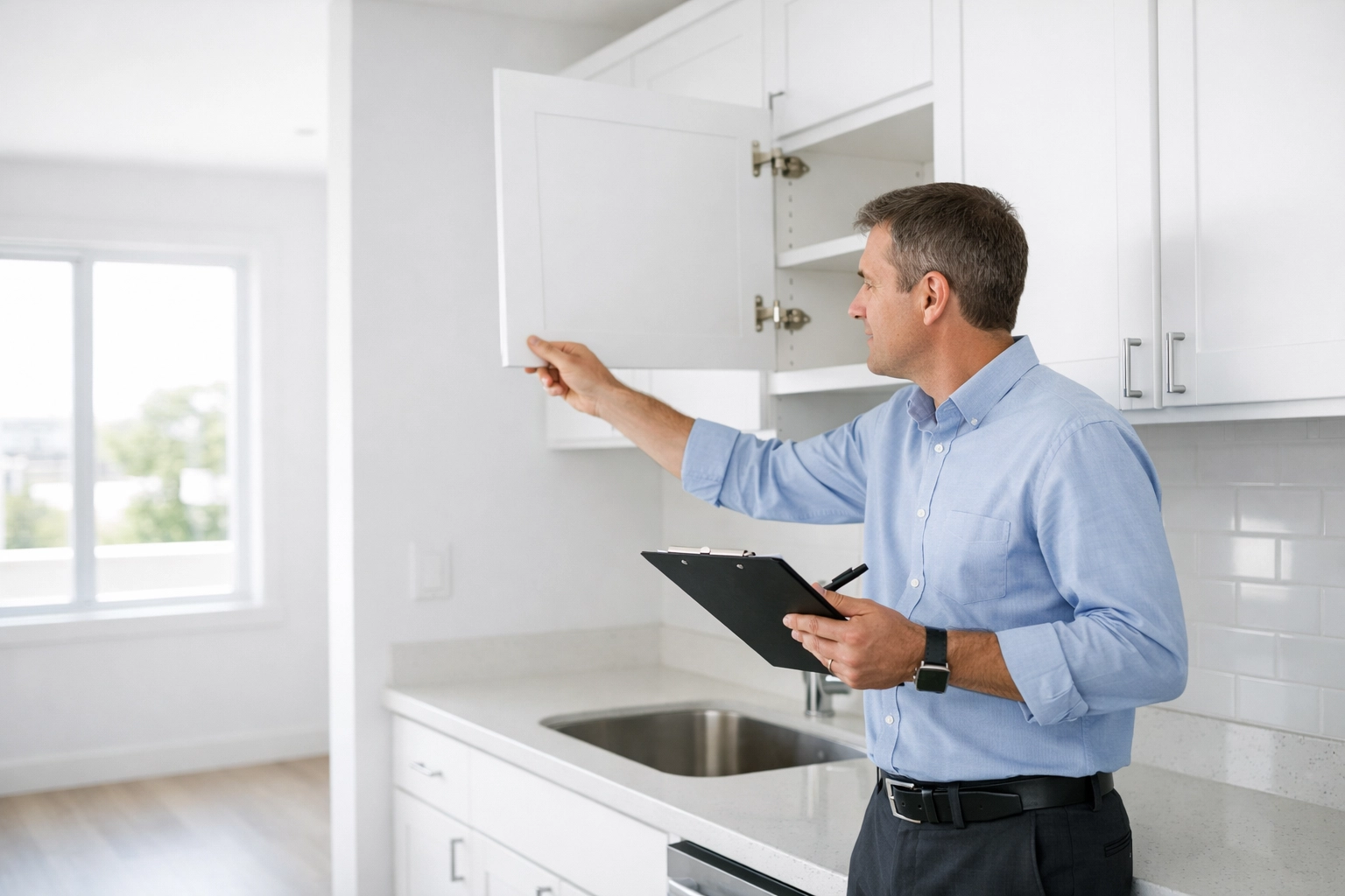 Property manager inspecting freshly cleaned apartment unit before move-in