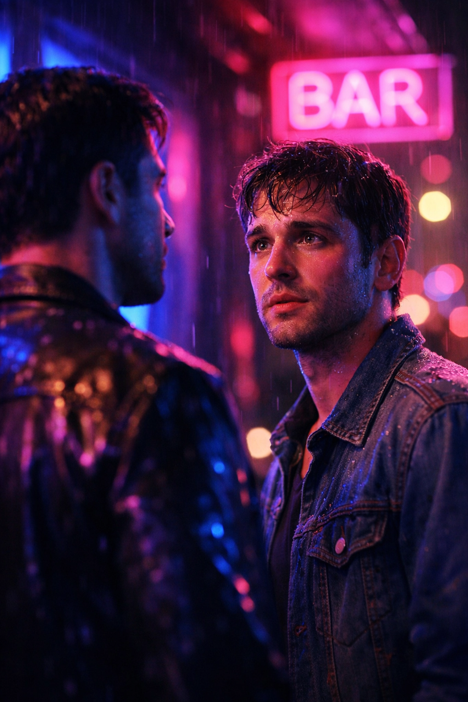 A man staring longingly at his male best friend under neon bar lights, symbolizing a bisexual awakening.