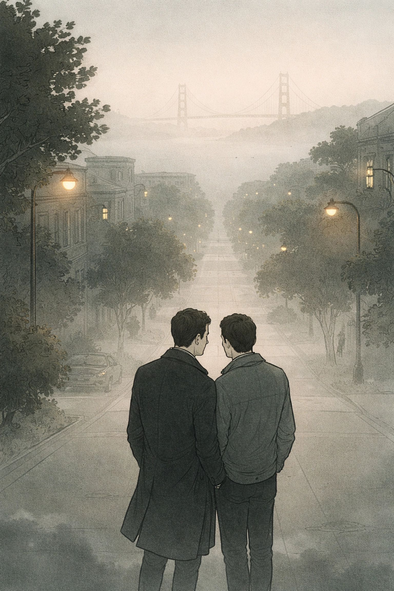 Two men stand close together on a foggy San Francisco street at dusk with the Golden Gate Bridge in the background, evoking MM romance and city secrets.