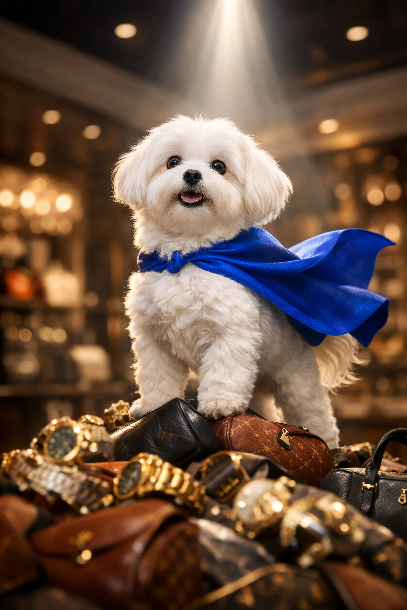 Daisy the white Maltese mascot protecting luxury watches and bags in a pawn shop.