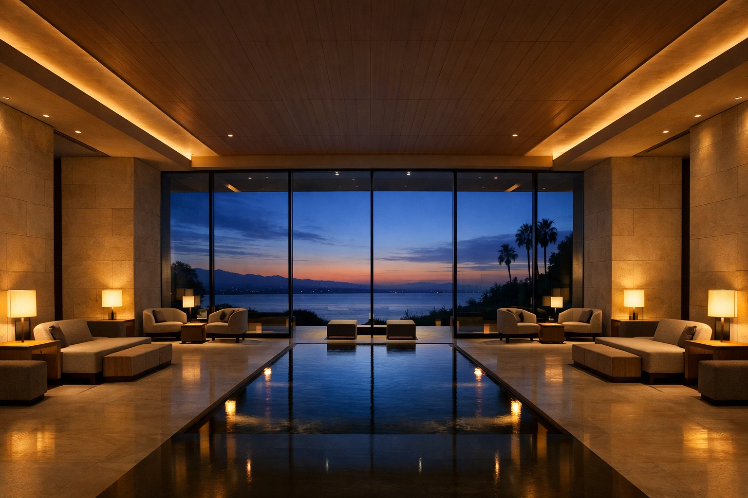 Modern minimalist hotel lobby at dusk showcasing innovative hospitality design and technology.
