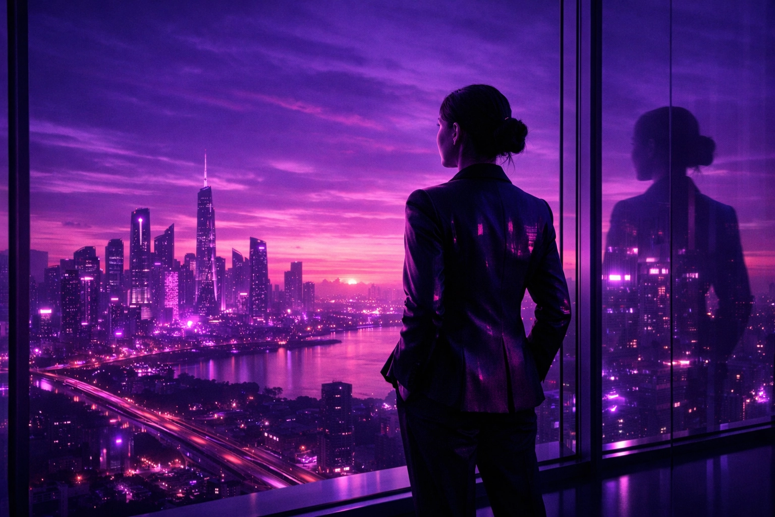 A business professional overlooking a futuristic purple city, symbolizing the future of AI automation.