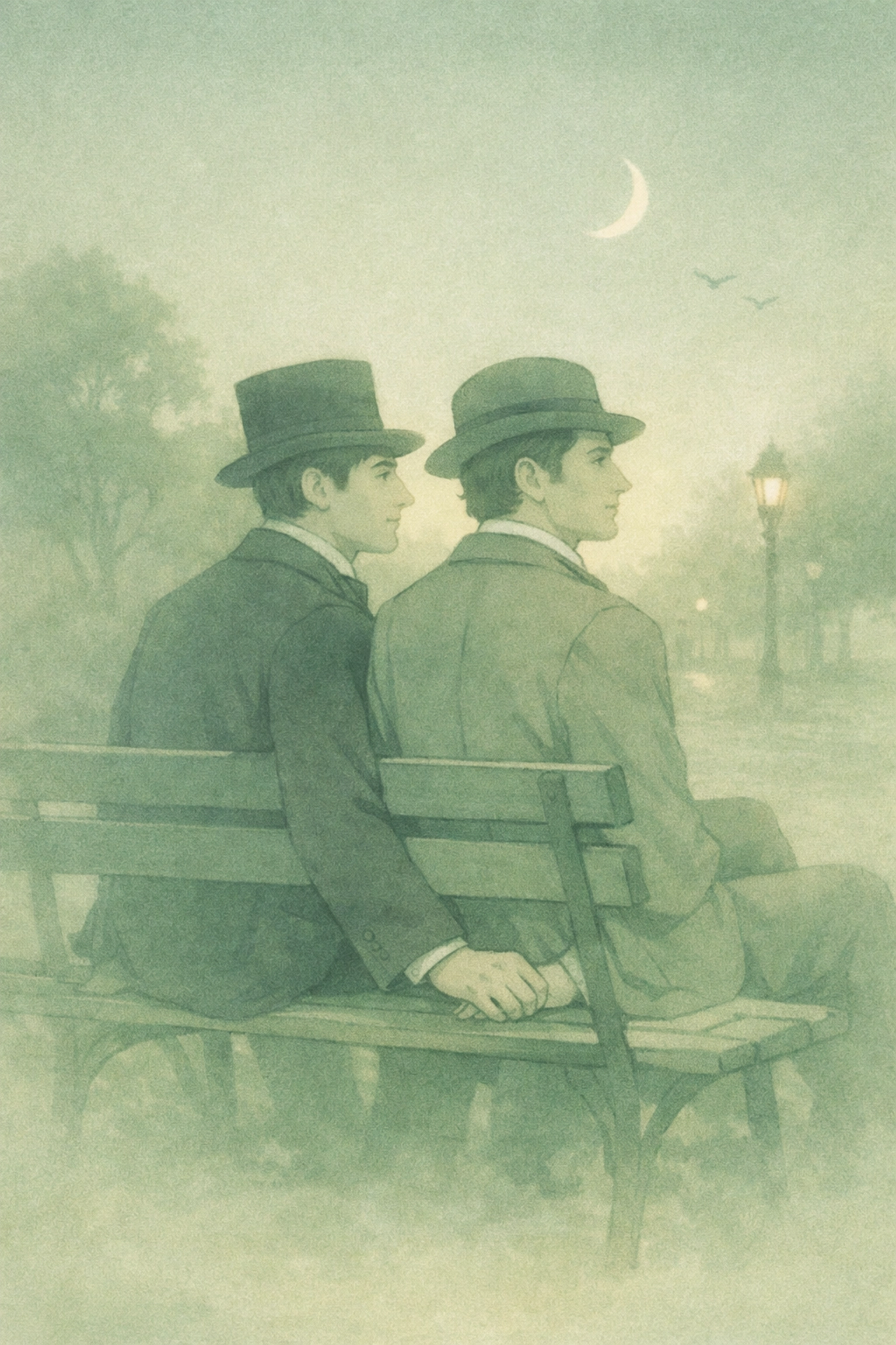 Victorian era queer couple sitting intimately on park bench at twilight