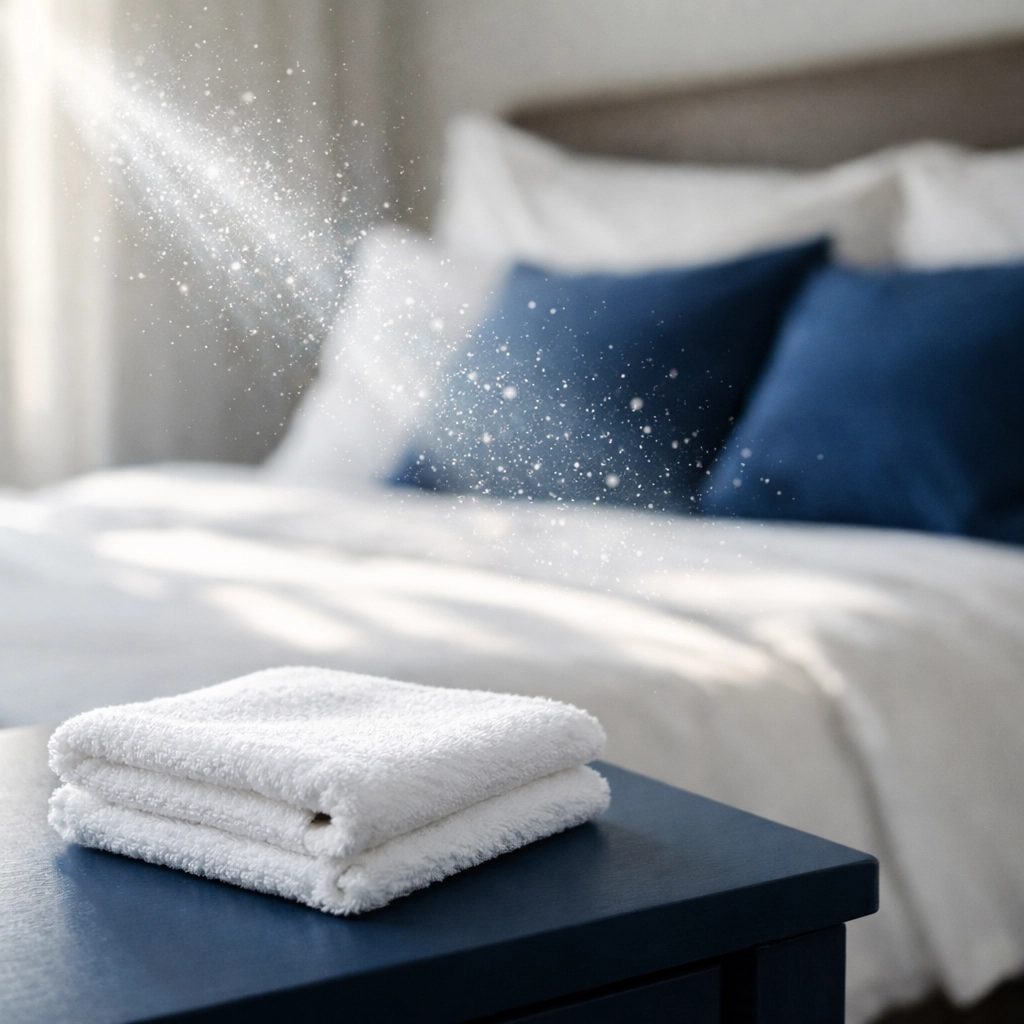 Microfiber cloth on a nightstand in a dust-free bedroom after an allergen-reducing deep cleaning.