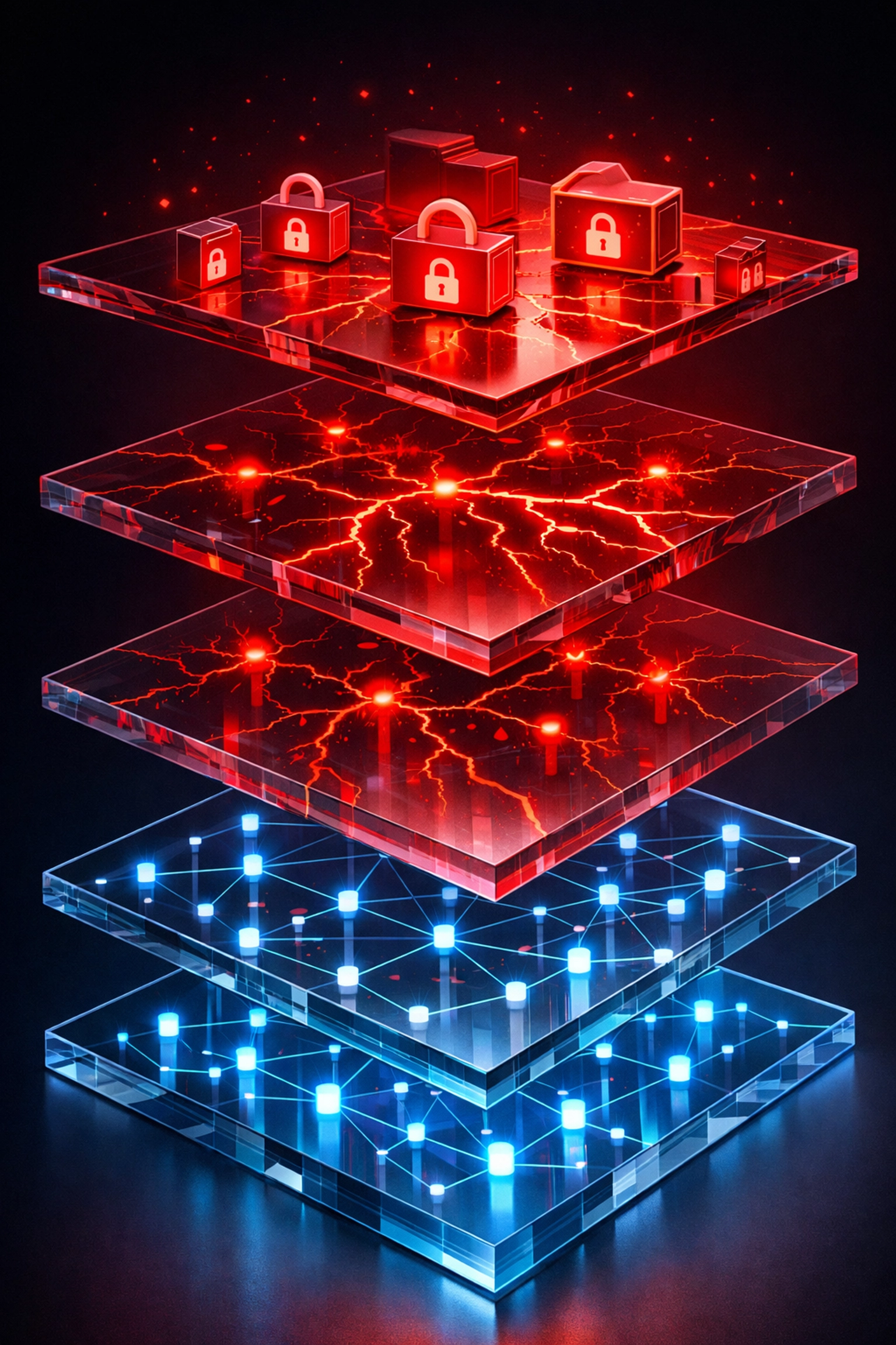 Network layers showing ransomware attack progression from clean systems to encrypted data
