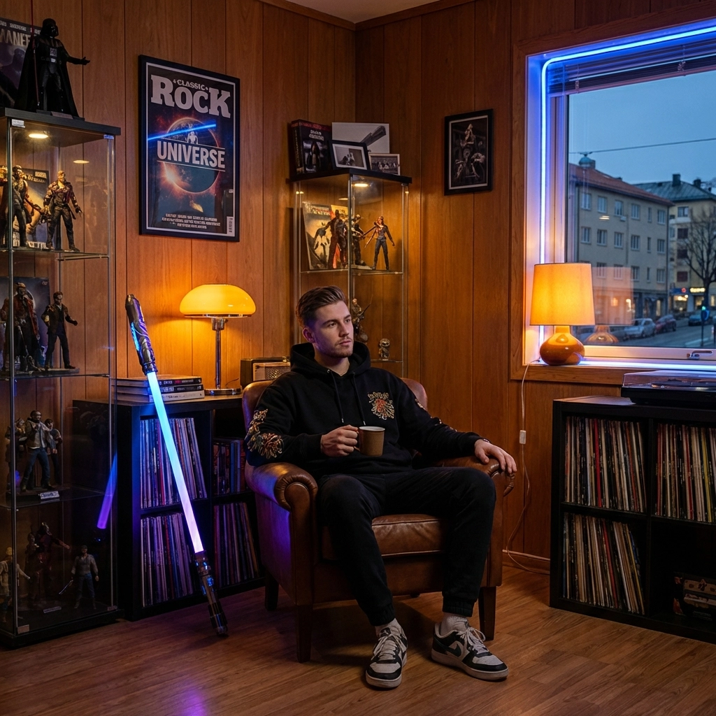 A fan wears an official black hoodie in a room filled with high-end movie collectibles and fan gear.