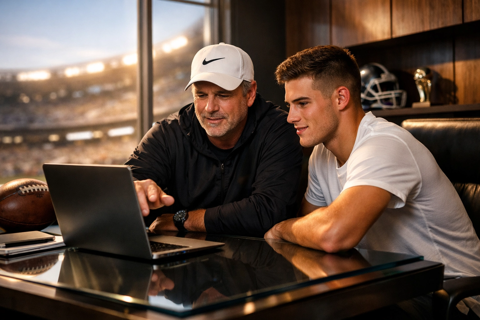 Sports coach and athlete discussing NIL marketing strategy and brand reputation in a professional office.