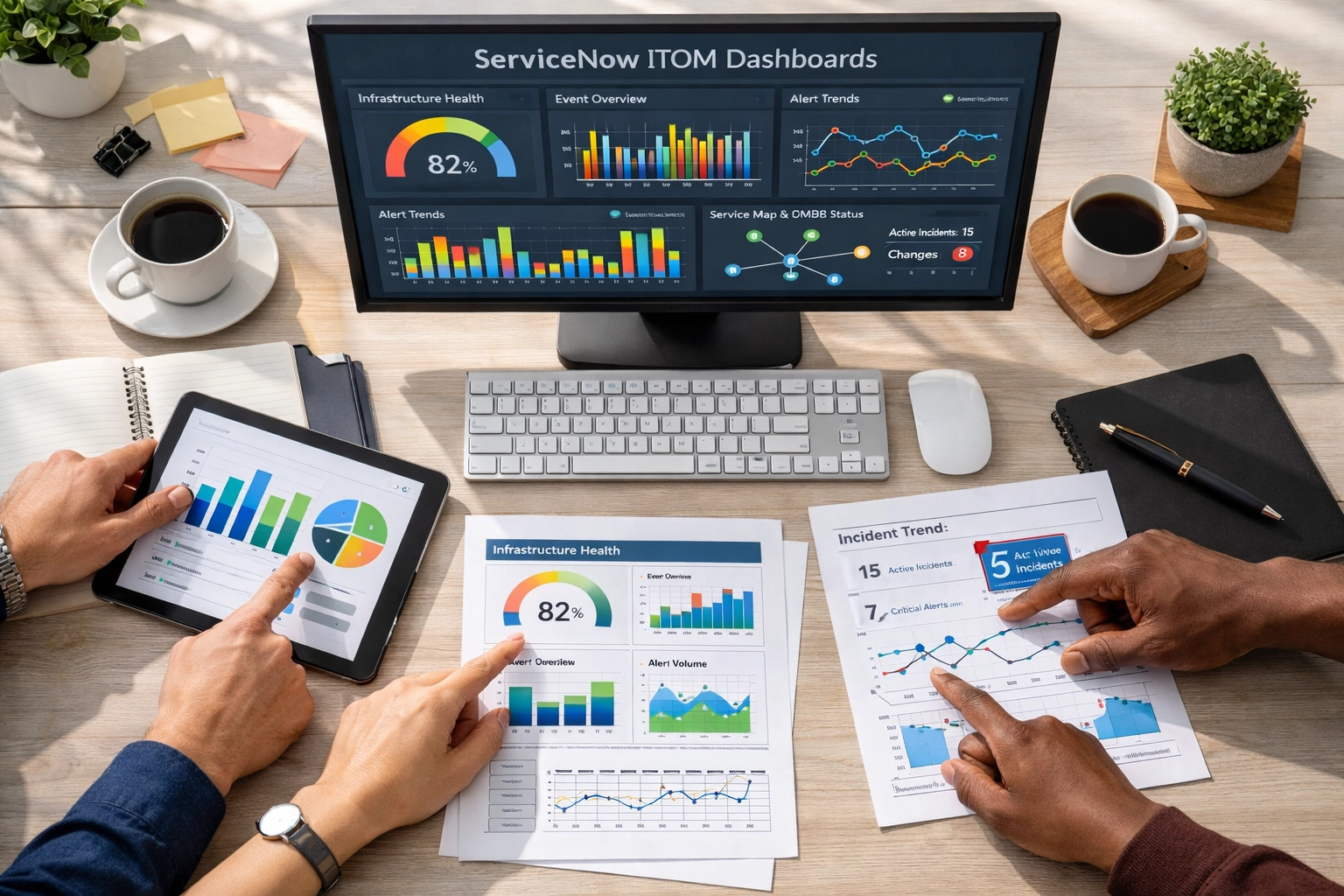 Team analyzing ServiceNow ITOM dashboard metrics for real-time ROI tracking