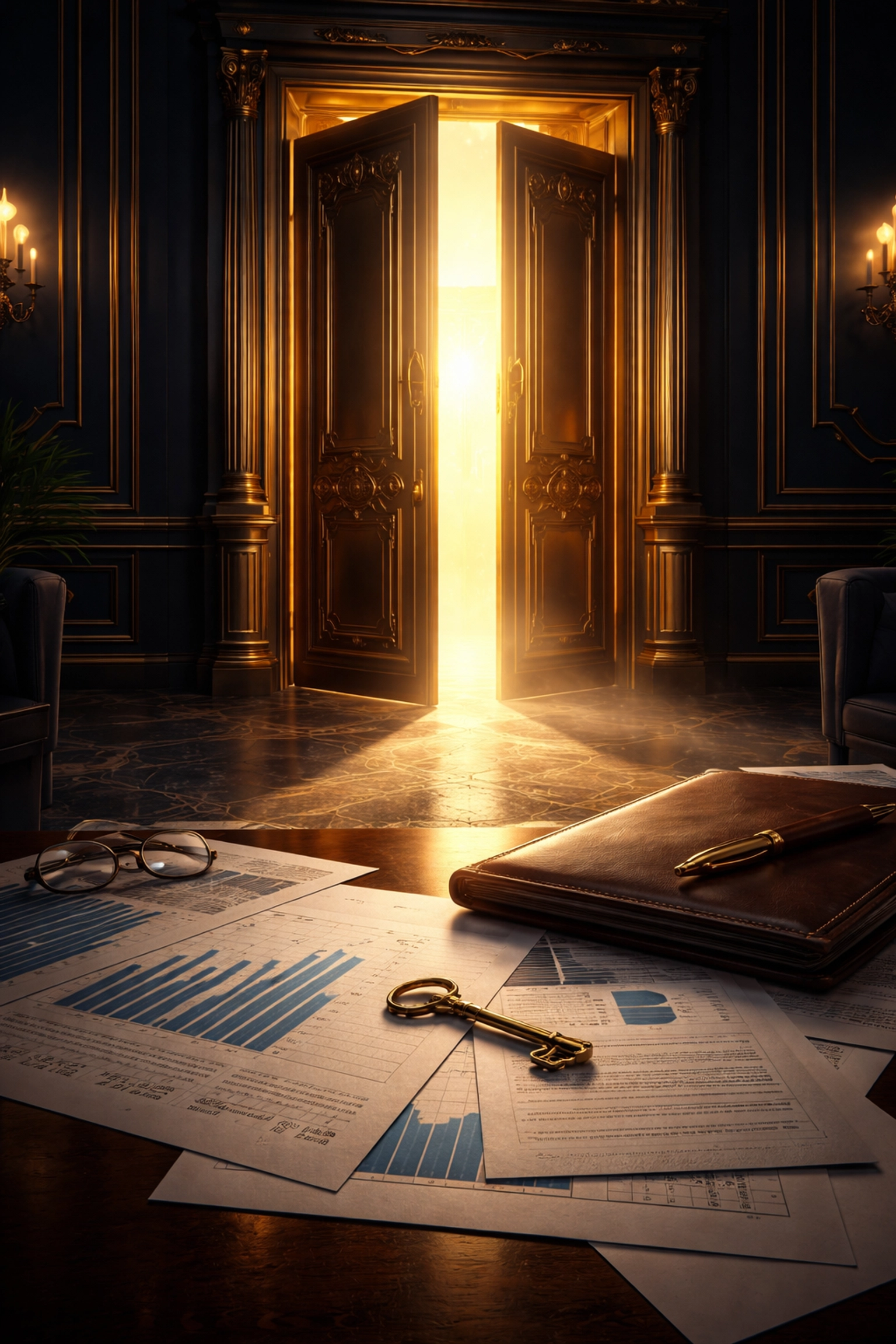 Investor's desk and golden door symbolizing exclusive private investment opportunities