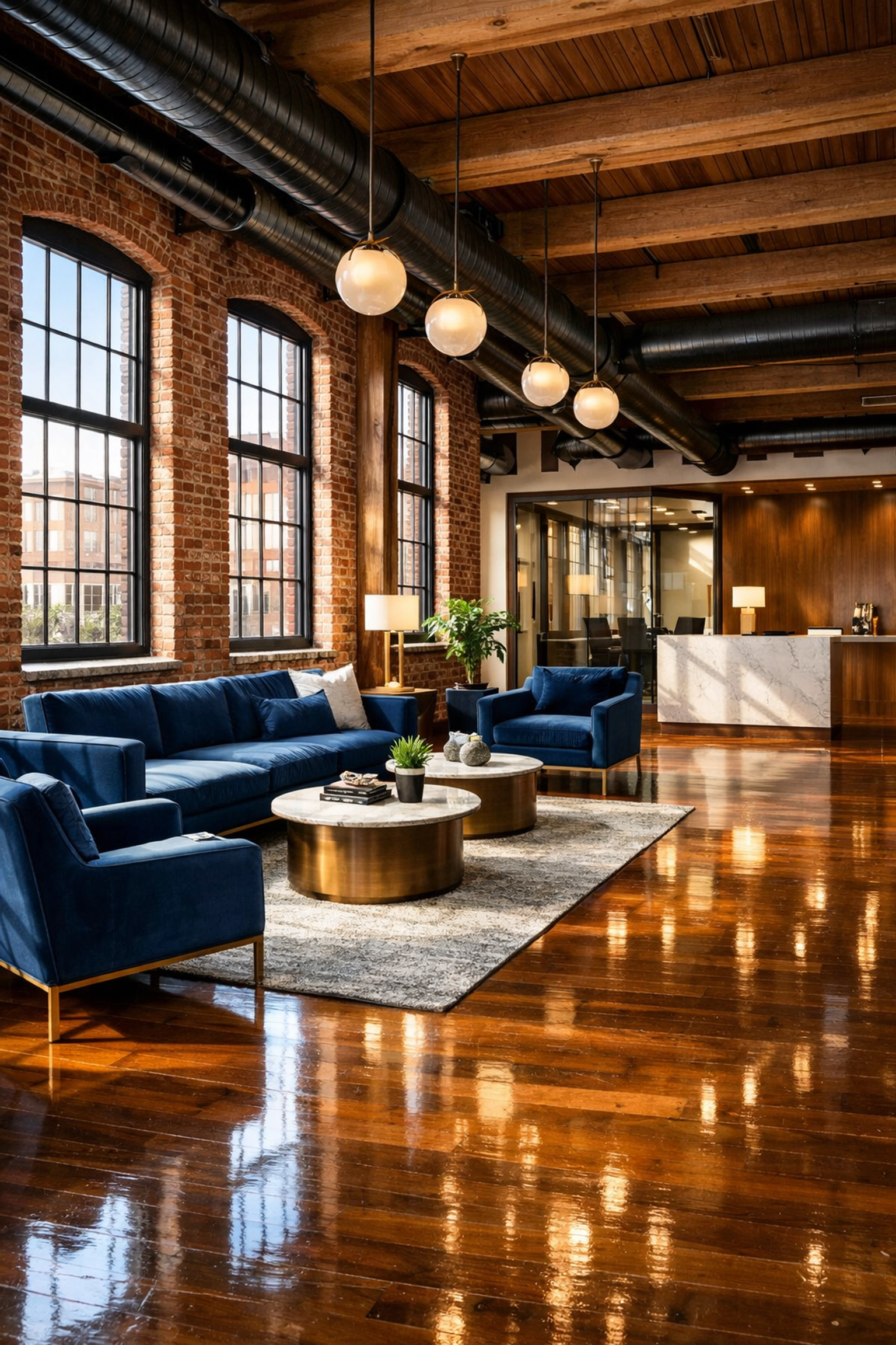 A perfectly maintained modern office in a refurbished Fitchburg mill with clean hardwood floors and lobby area.