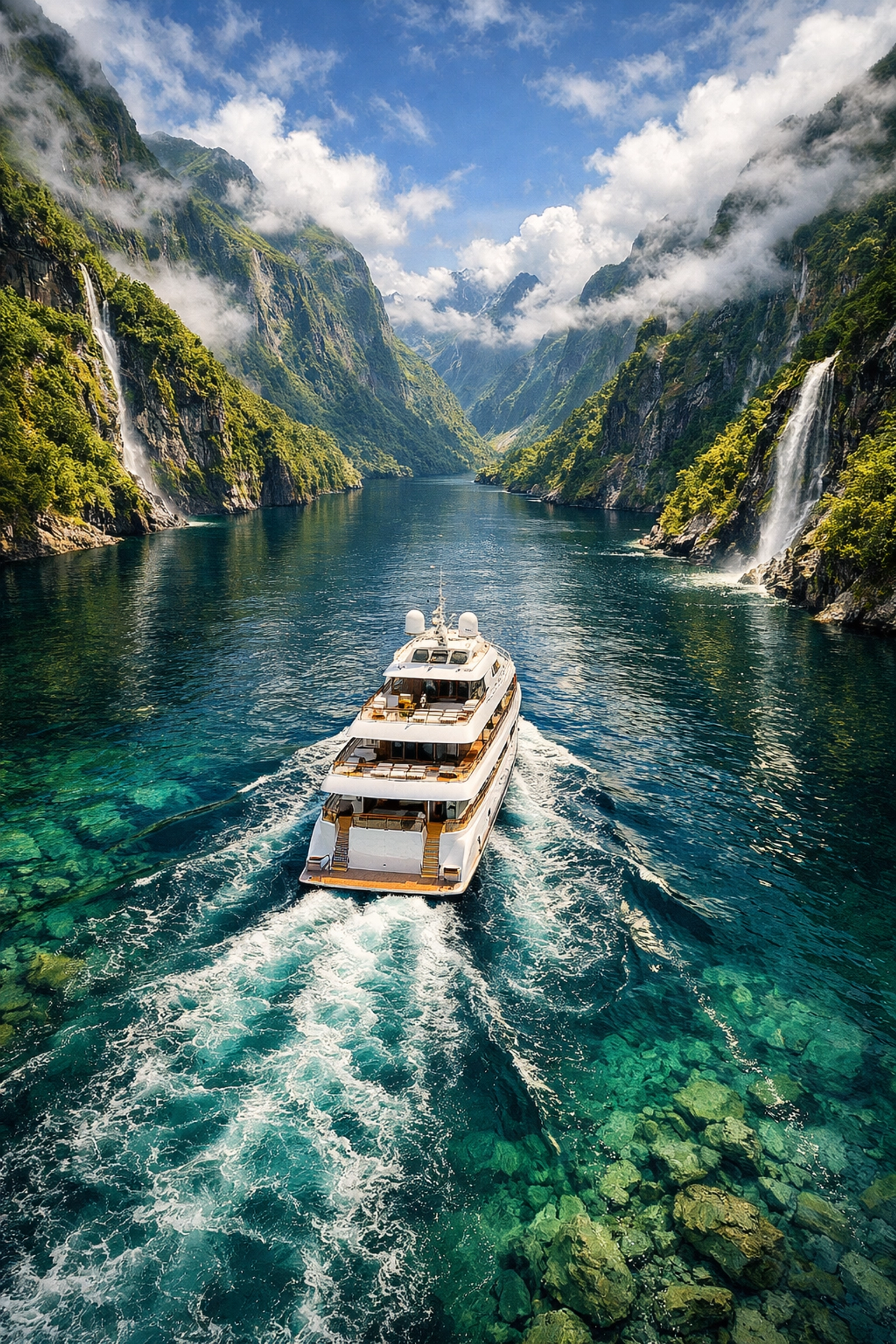 Ritz-Carlton yacht navigating remote Alaska fjord surrounded by mountains and waterfalls