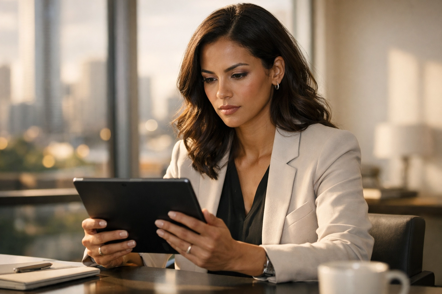 High-end editorial photo of a diverse professional woman in a modern, sun-drenched office looking intensely at a tablet, focused and determined (no logos, no text)