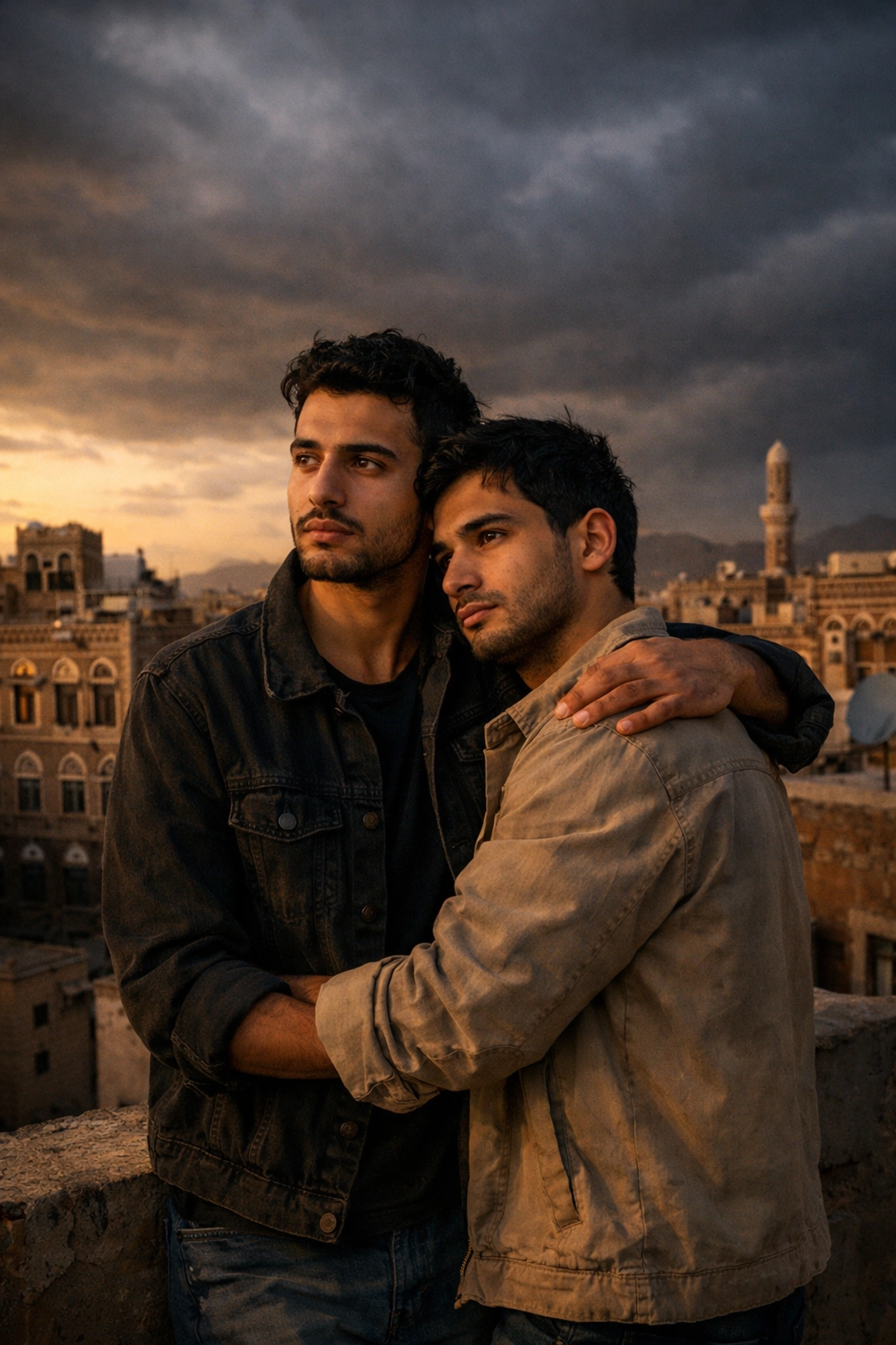 Two gay men on rooftop in Sana'a Yemen facing LGBTQ+ persecution and danger