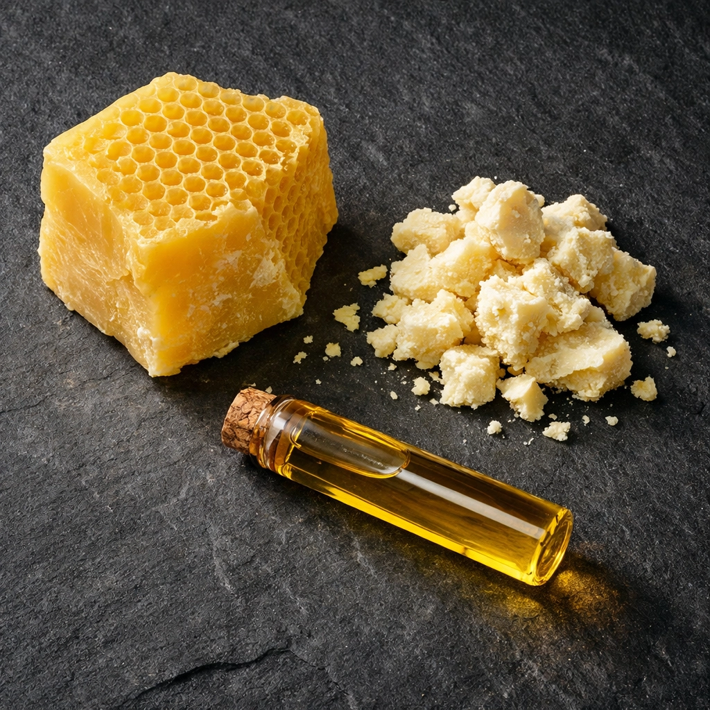Raw ingredients including beeswax honeycomb, cocoa butter, and jojoba oil for natural beard care.