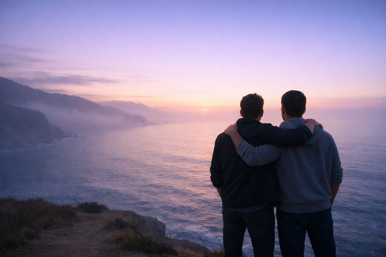 A gay couple overlooking the ocean at dawn, reflecting on queer life milestones and new beginnings.